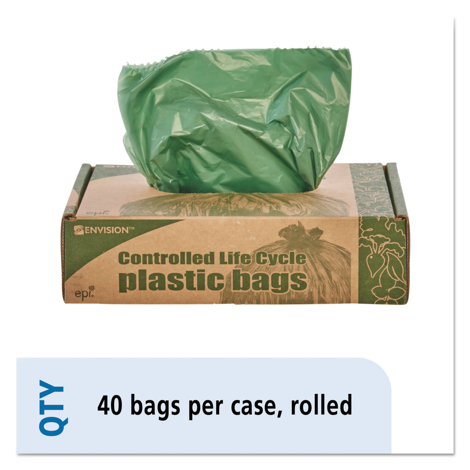  Stout by Envision G3340E11 Controlled Life-Cycle Plastic Trash Bags, 33 gal, 1.1 mil, 33 x 40, Green, 40/Box (STOG3340E11) 