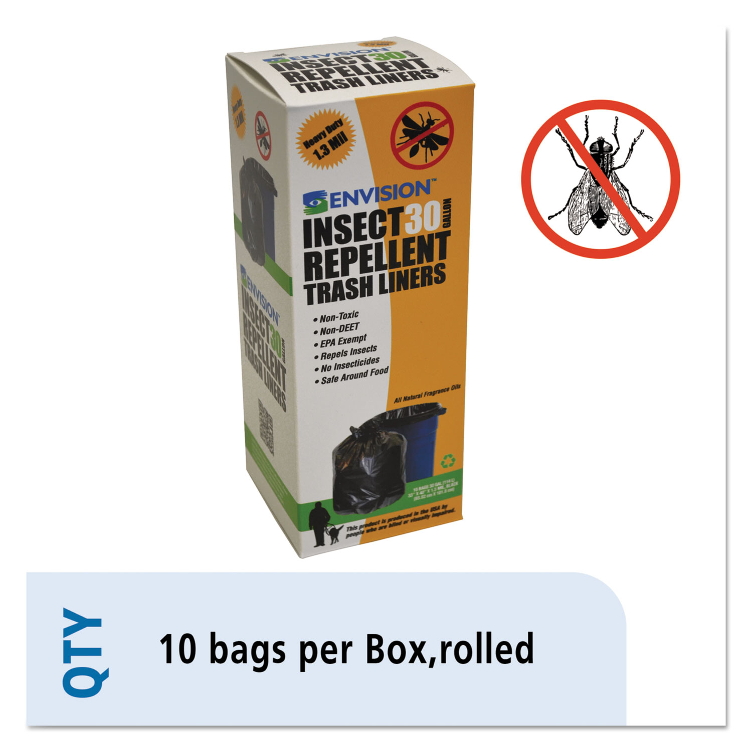  Stout by Envision P3340K13R Insect-Repellent Trash Bags, 33 gal, 1.3 mil, 33 x 40, Black, 10/Box (STOSTOP3340K13R) 