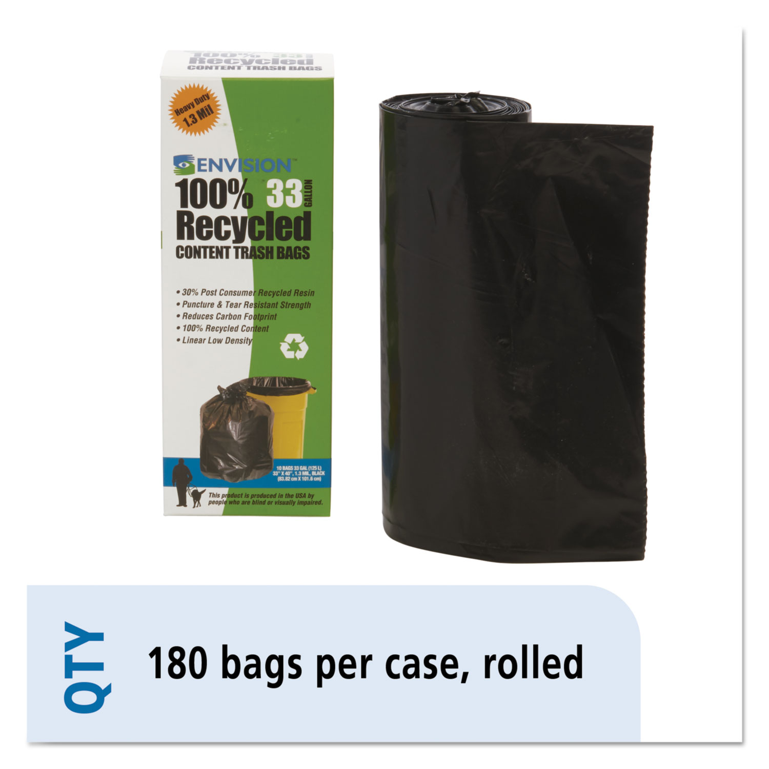 Stout by Envision T3340K13R Total Recycled Content Plastic Trash Bags, 33 gal, 1.3 mil, 33 x 40, Brown/Black, 180/Carton (STOT3340K13R) 