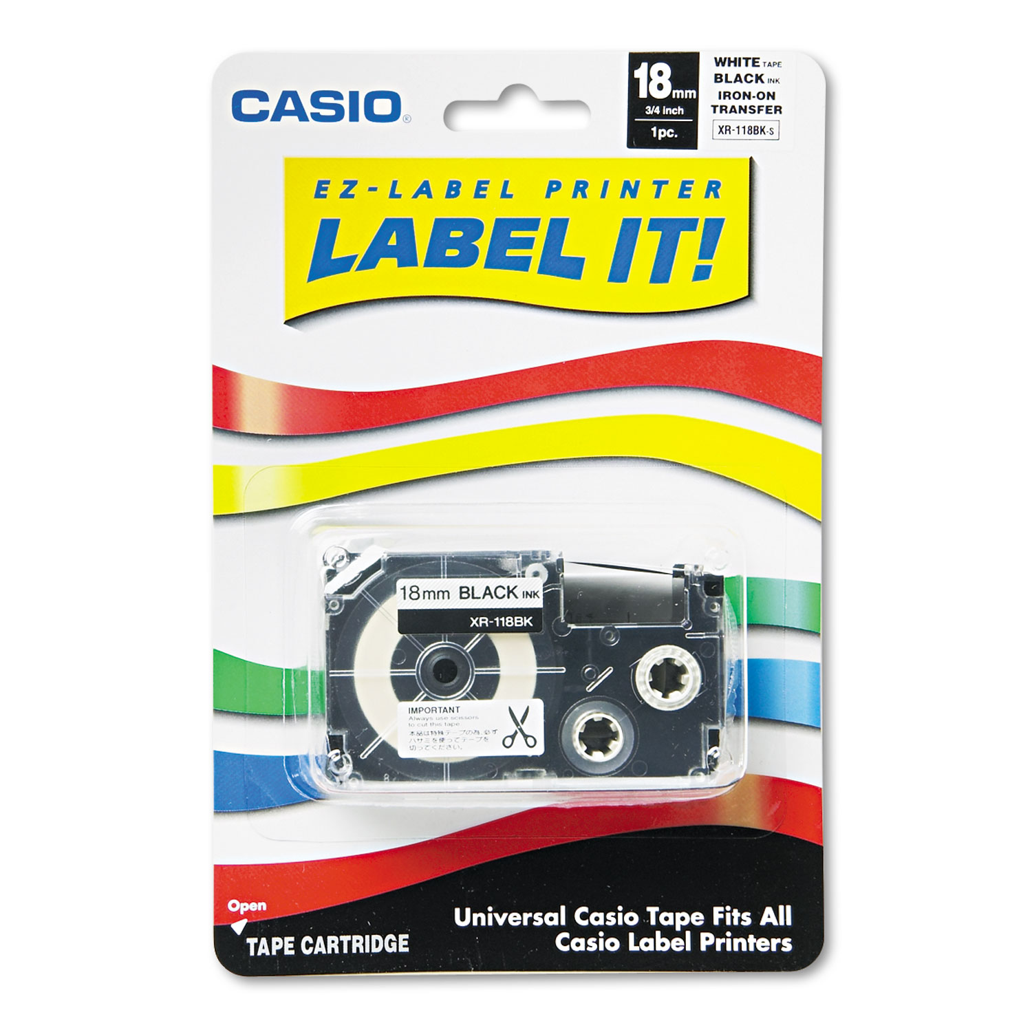  Casio XR118BKS Label Printer Iron-On Transfer Tape, 0.75 x 26 ft, Black on White (CSOXR118BKS) 