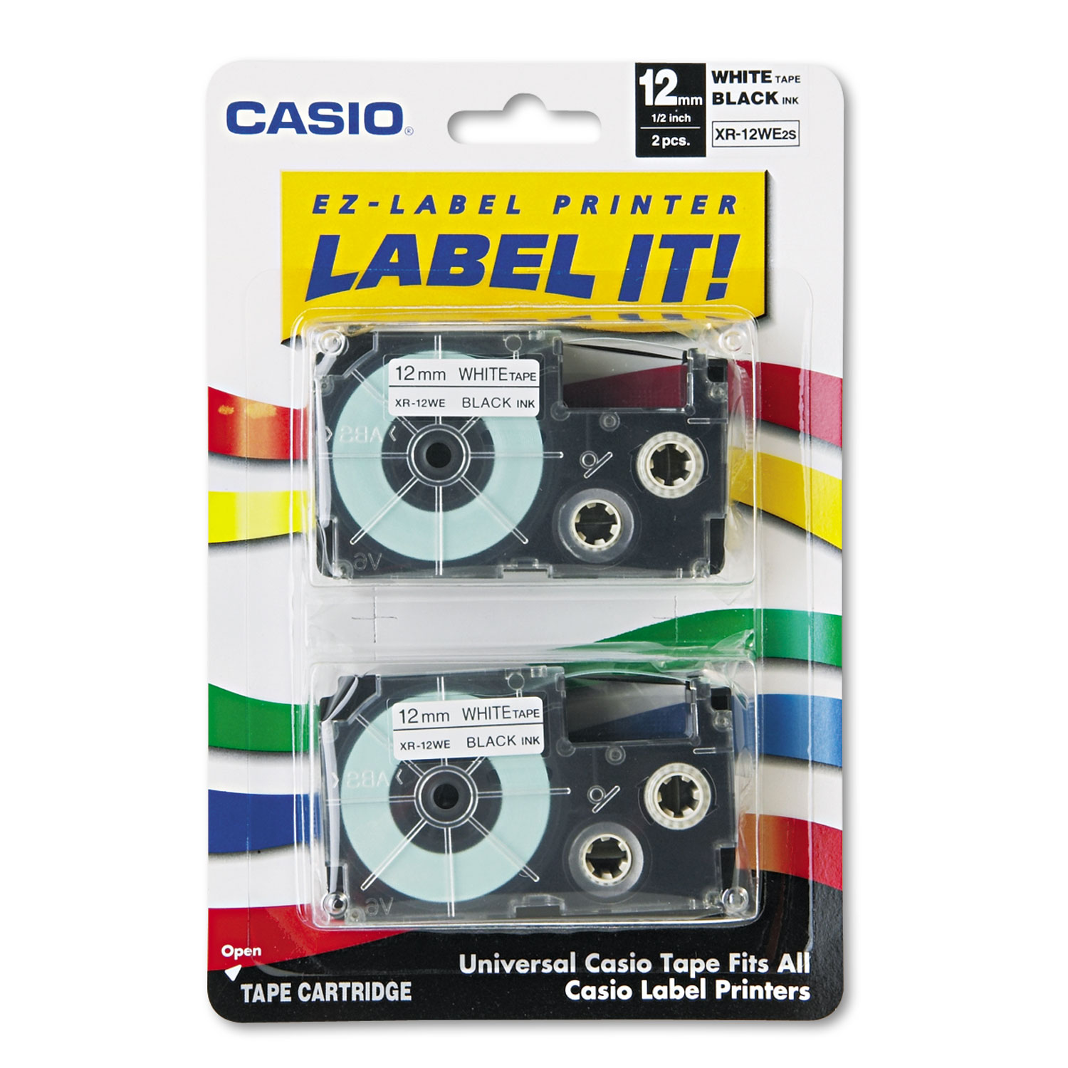  Casio XR12WE2S Tape Cassettes for KL Label Makers, 0.5 x 26 ft, Black on White, 2/Pack (CSOXR12WE2S) 