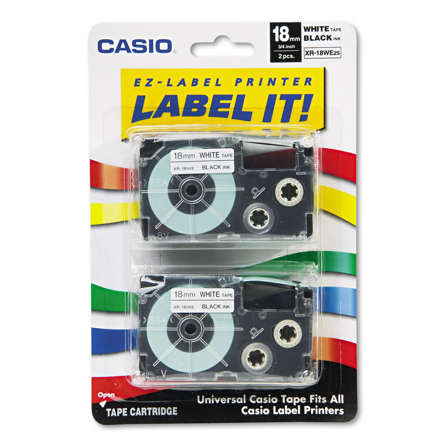  Casio XR18WE2S Tape Cassettes for KL Label Makers, 0.75 x 26 ft, Black on White, 2/Pack (CSOXR18WE2S) 