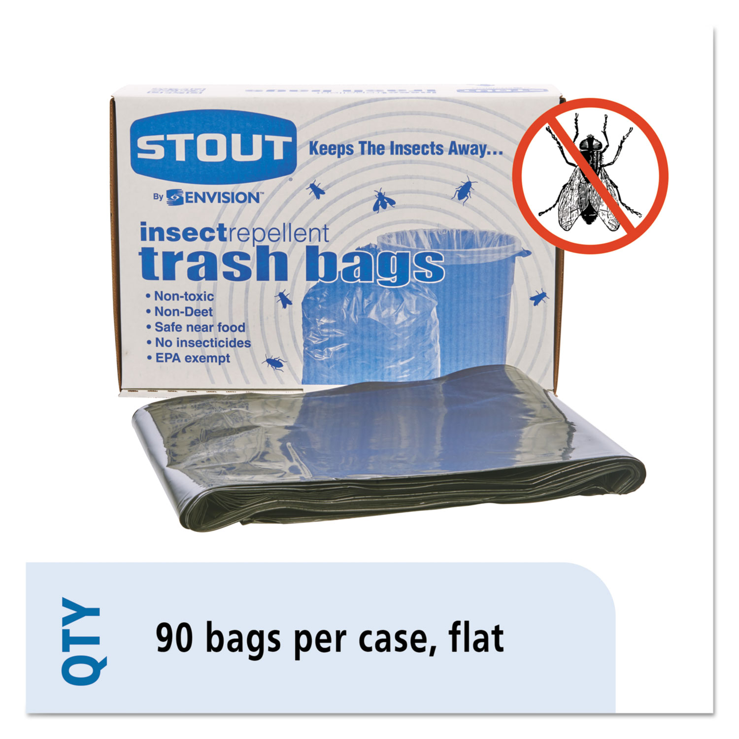  Stout by Envision P3340K20 Insect-Repellent Trash Bags, 30 gal, 2 mil, 33 x 40, Black, 90/Box (STOP3340K20) 