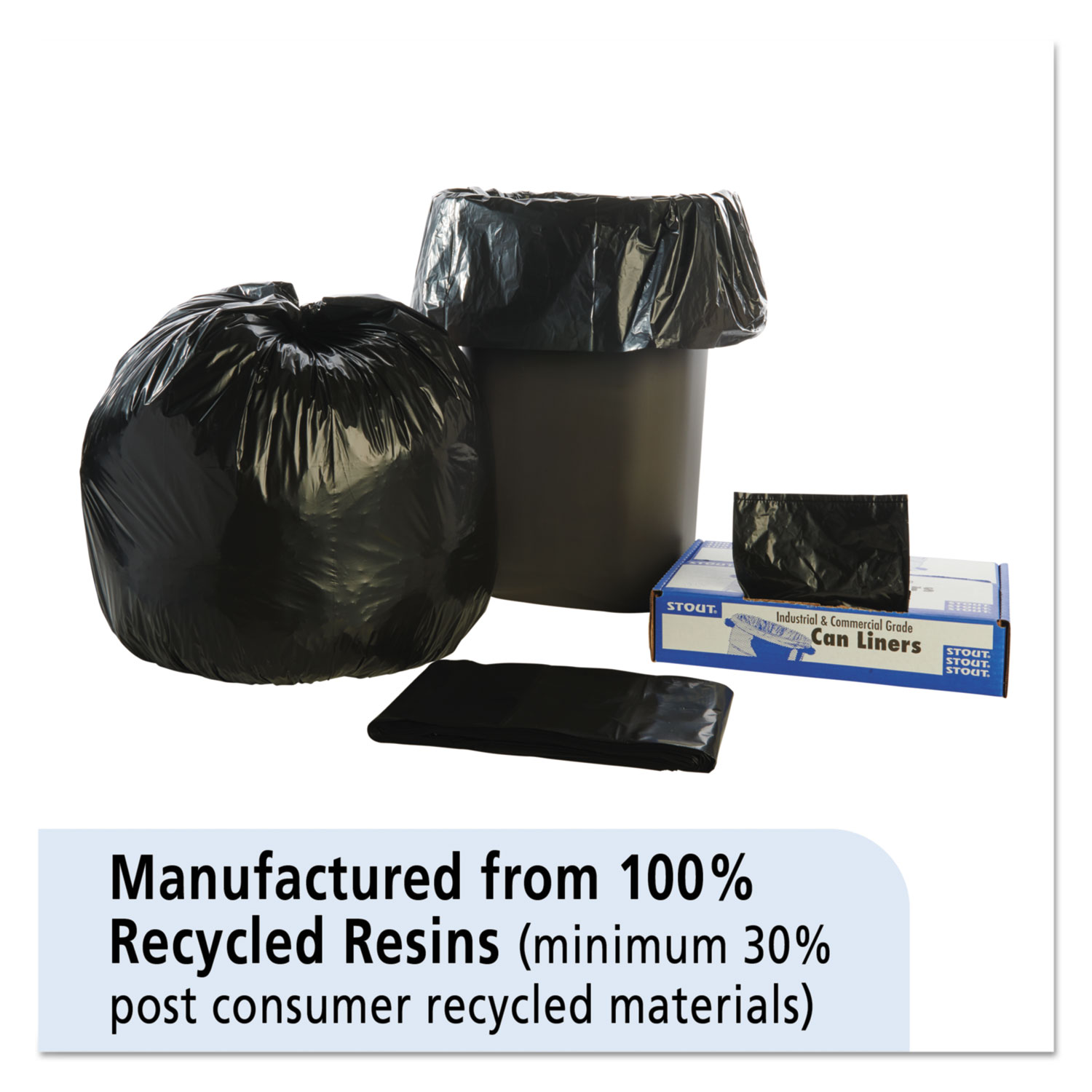 Stout 100% Recycled Plastic Garbage Bag 55-60gal 1.5mil 38x60 Brown/Black 100/CT 