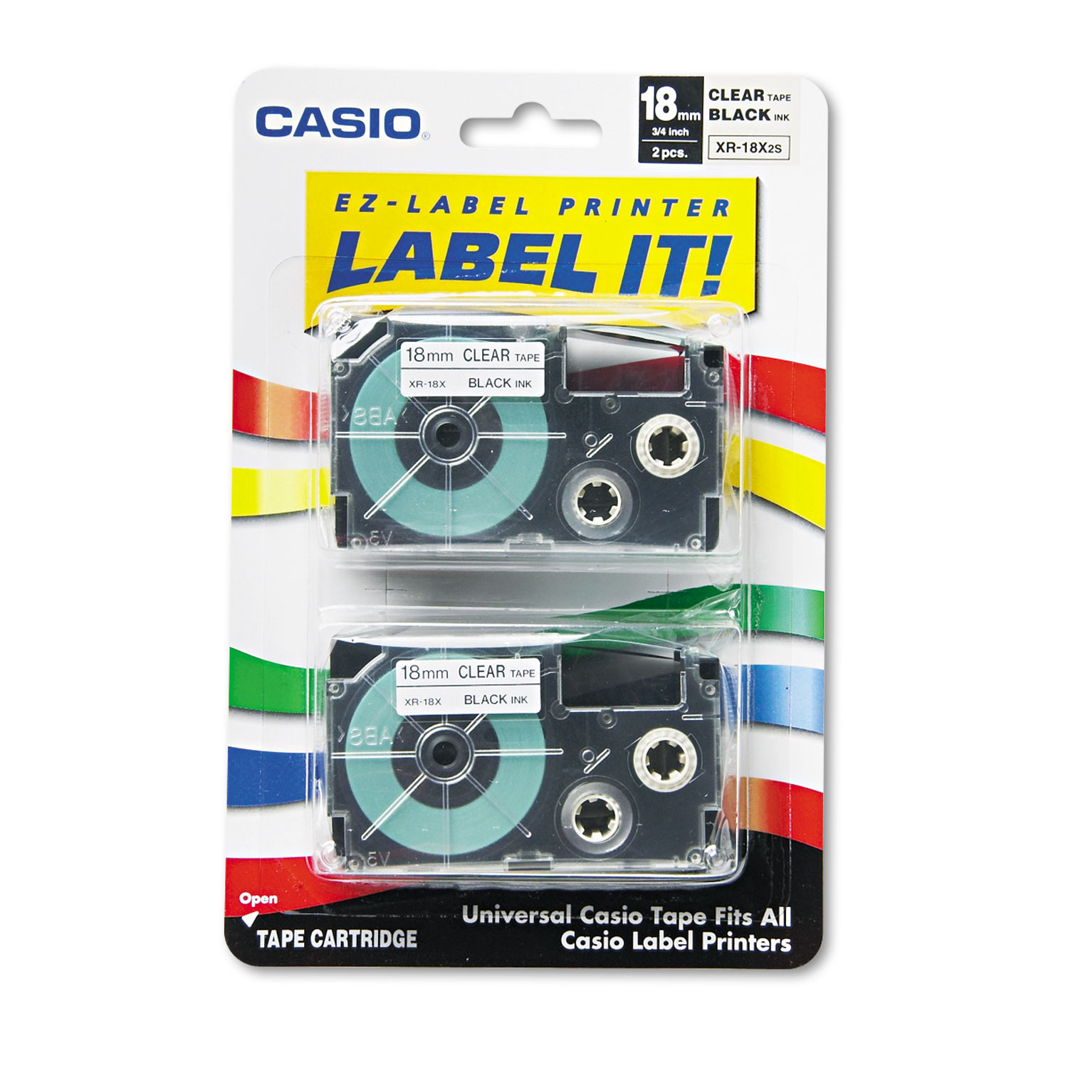  Casio XR18X2S Tape Cassettes for KL Label Makers, 0.75 x 26 ft, Black on Clear, 2/Pack (CSOXR18X2S) 