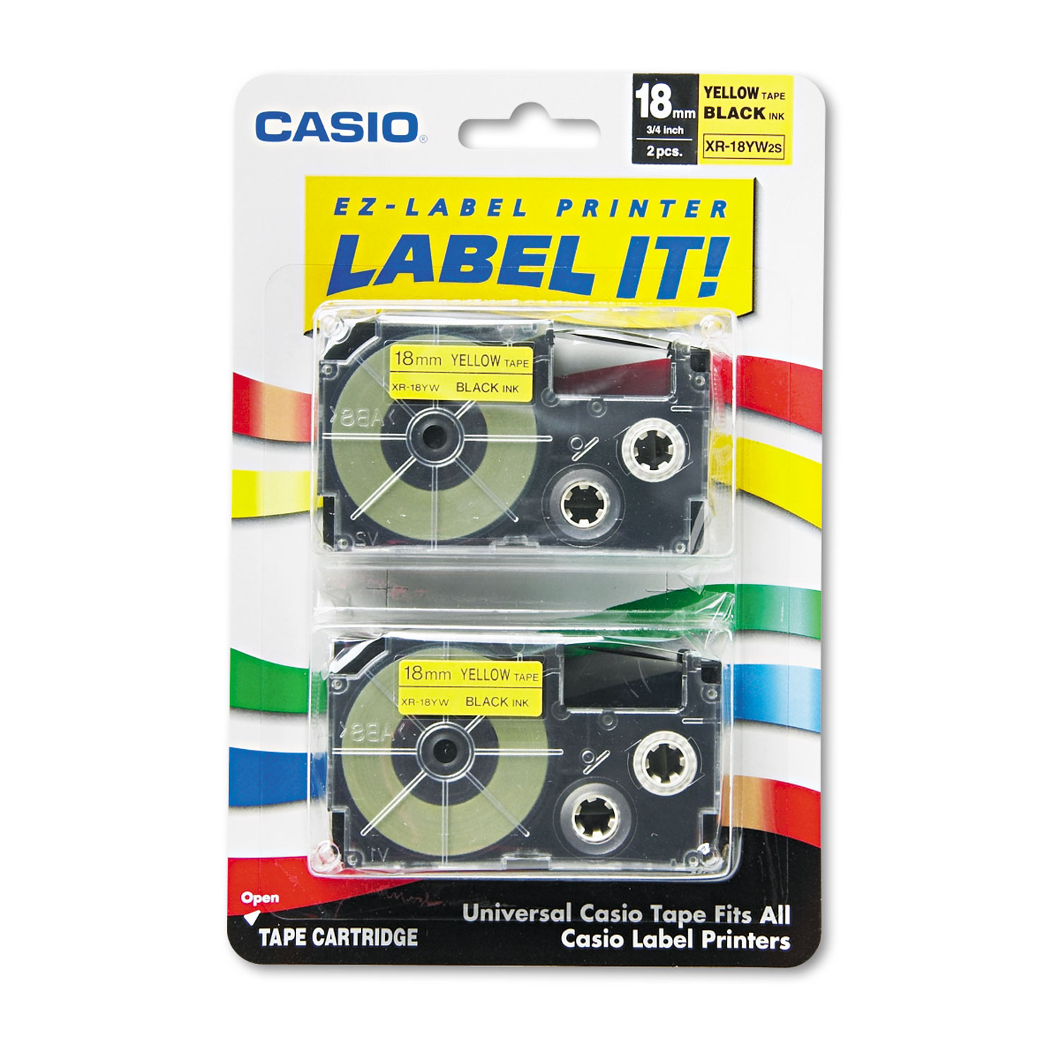  Casio XR18YW2S Tape Cassettes for KL Label Makers, 0.75 x 26 ft, Black on Yellow, 2/Pack (CSOXR18YW2S) 