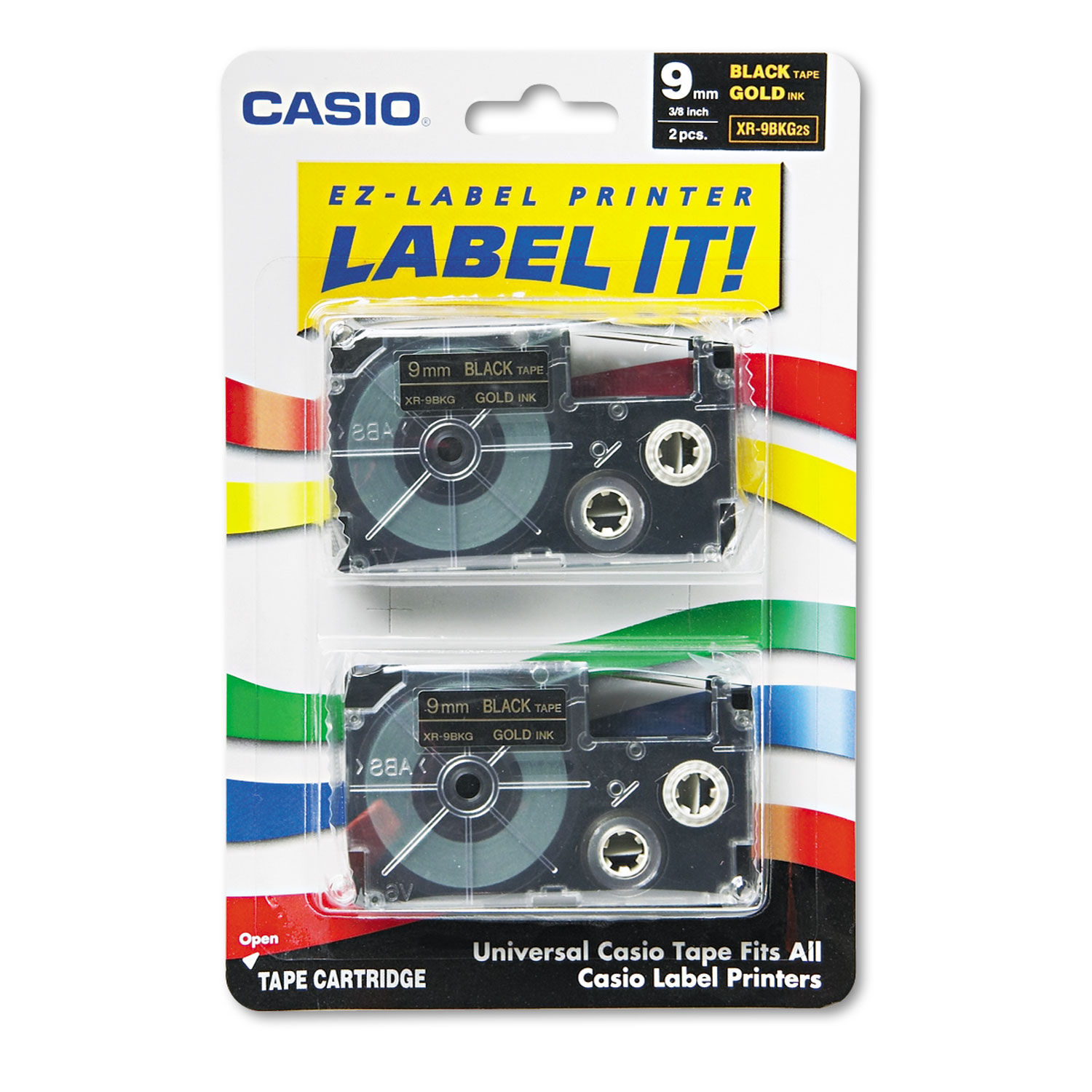 Tape Cassettes for KL Label Makers, 9mm x 26ft, Gold on Black, 2/Pack