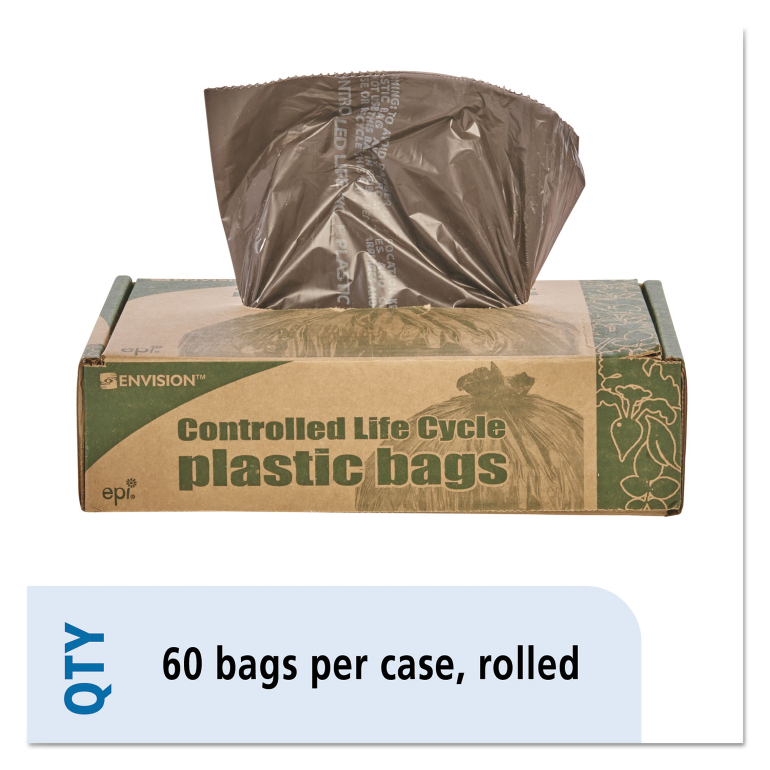  Stout by Envision G3036B80 Controlled Life-Cycle Plastic Trash Bags, 30 gal, 0.8 mil, 30 x 36, Brown, 60/Box (STOG3036B80) 