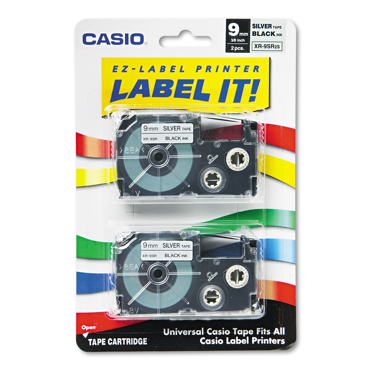 Tape Cassettes for KL Label Makers, 9mm x 26ft, Black on Silver, 2/Pack