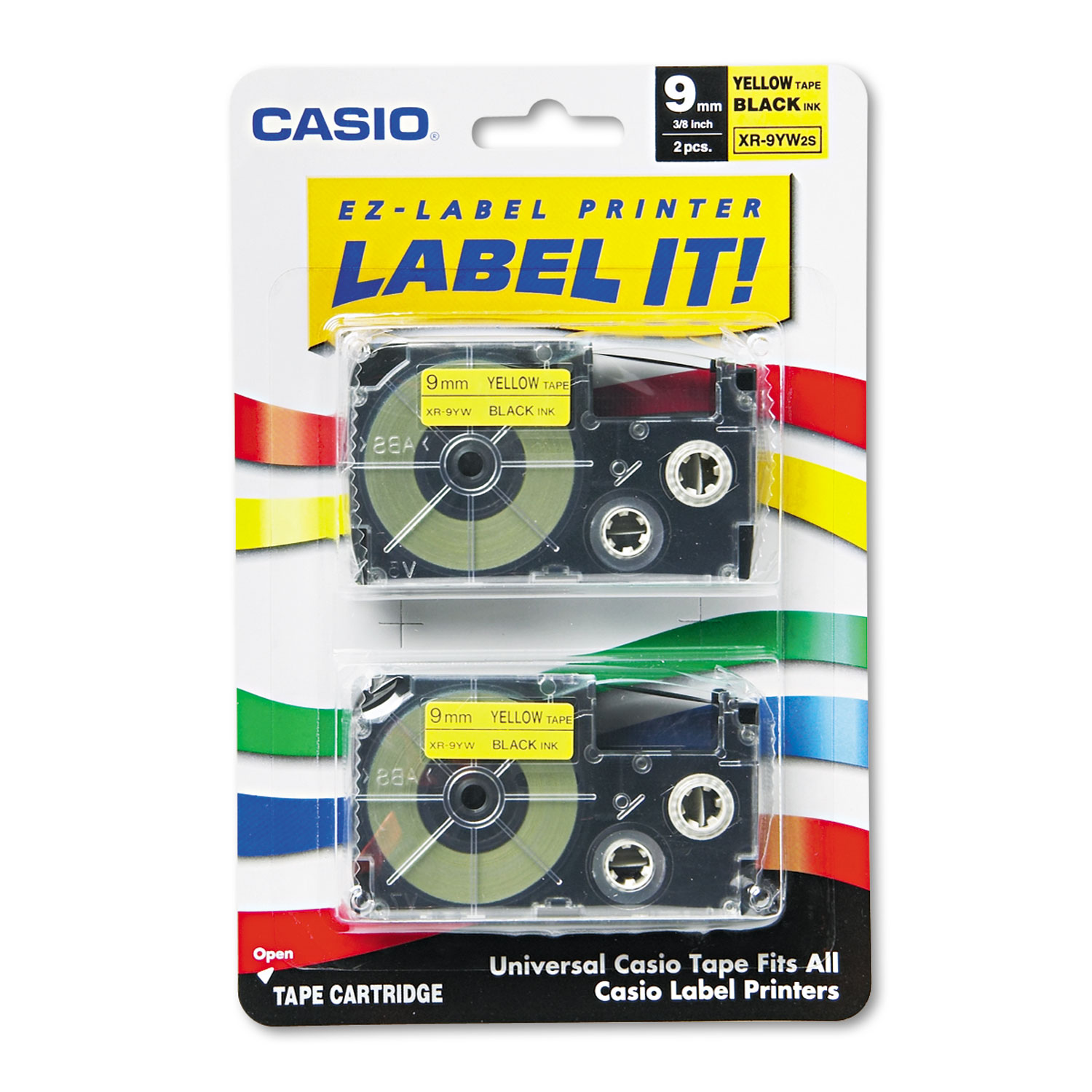  Casio XR9YW2S Tape Cassettes for KL Label Makers, 0.37 x 26 ft, Black on Yellow, 2/Pack (CSOXR9YW2S) 
