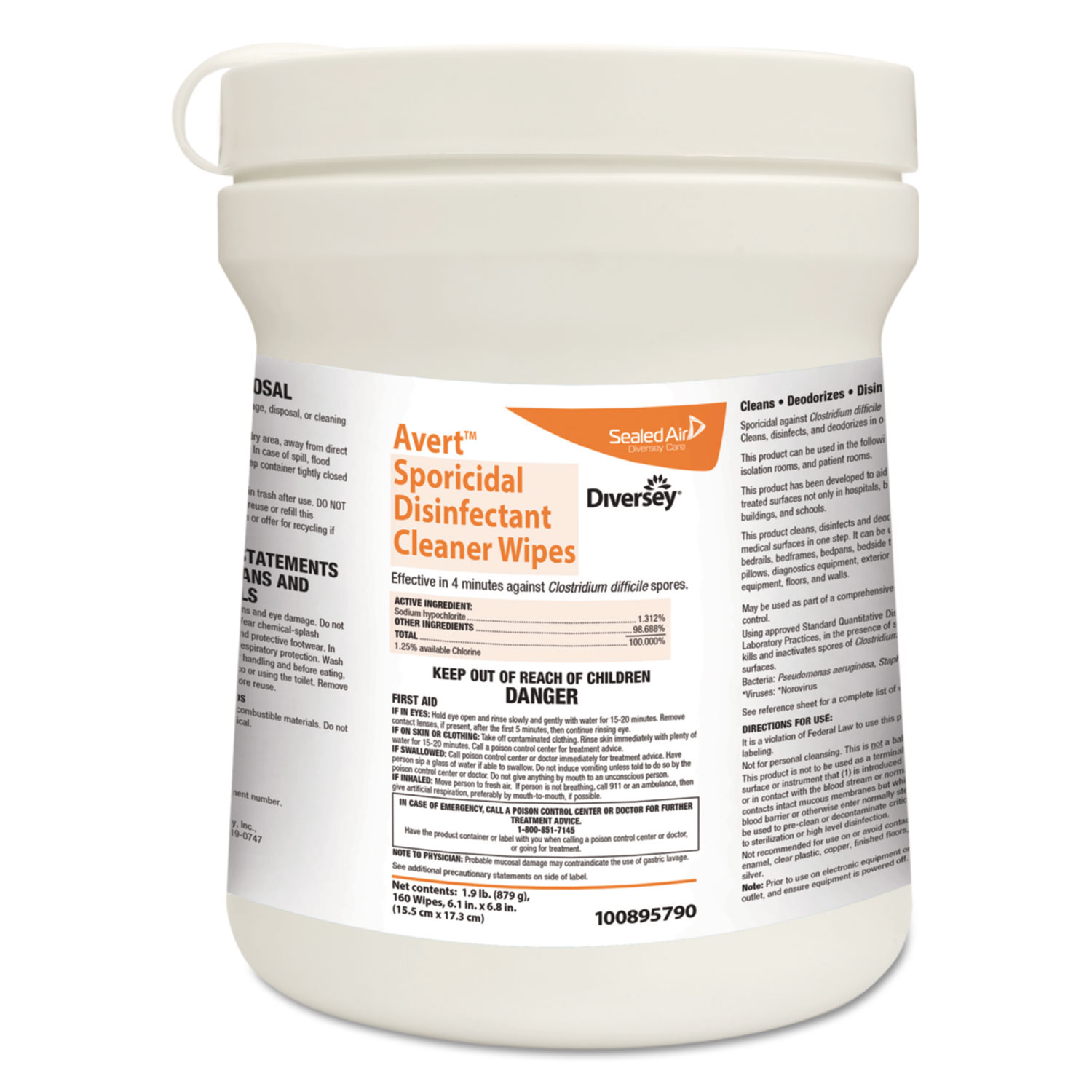  Diversey 100895790 Avert Sporicidal Disinfectant Cleaner Wipes, Chlorine, 6 x 7, 160/Can, 12/Carton (DVO100895790) 