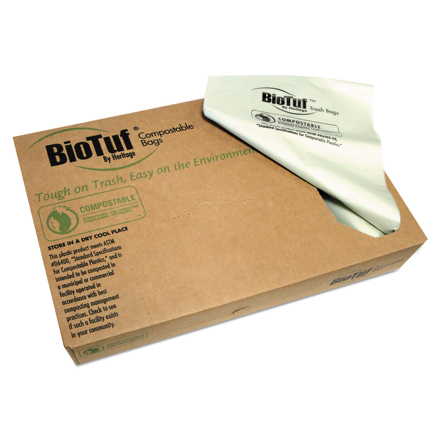 Biotuf Compostable Can Liners, 13 x 3.75, 30 gal, Green, 150/Carton