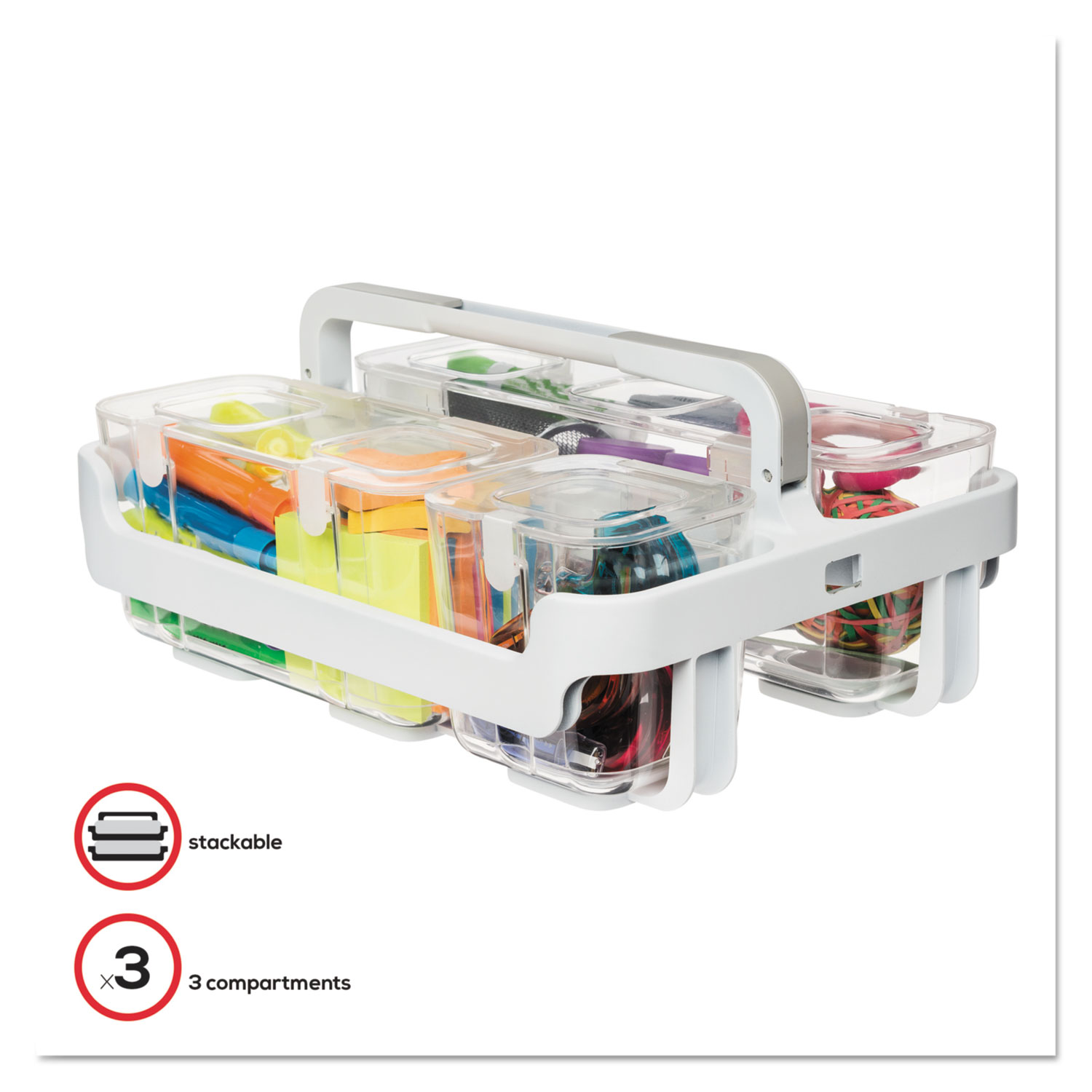  deflecto 29003 Stackable Caddy Organizer w/ S, M & L Containers, White Caddy, Clear Containers (DEF29003) 