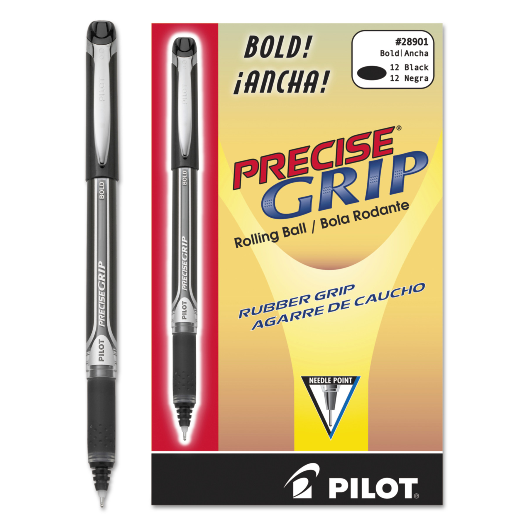  Pilot 28901 Precise Grip Stick Roller Ball Pen, Bold 1mm, Black Ink, Black Barrel (PIL28901) 