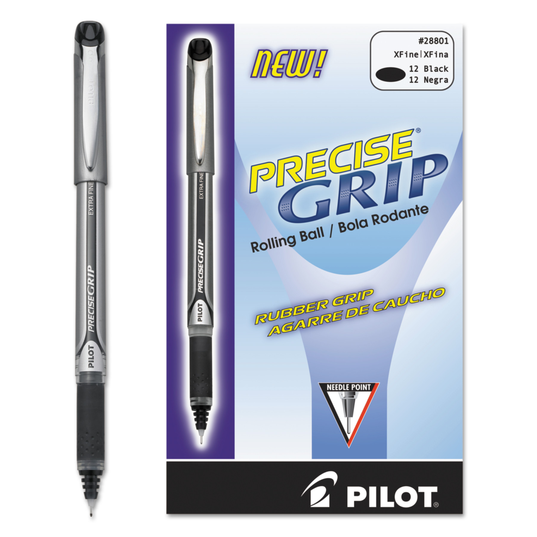  Pilot 28801 Precise Grip Stick Roller Ball Pen, Extra-Fine 0.5mm, Black Ink, Black Barrel (PIL28801) 