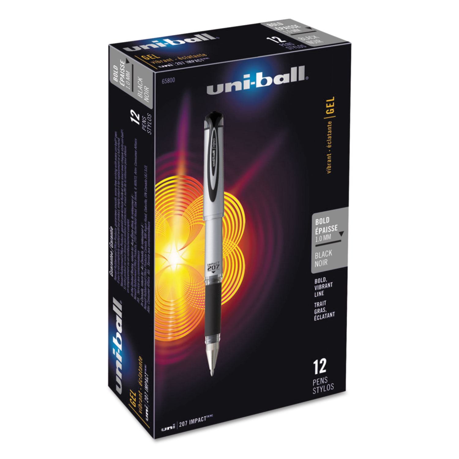  uni-ball 65800 207 Impact Stick Gel Pen, Bold 1mm, Black Ink, Silver/Black Barrel (UBC65800) 