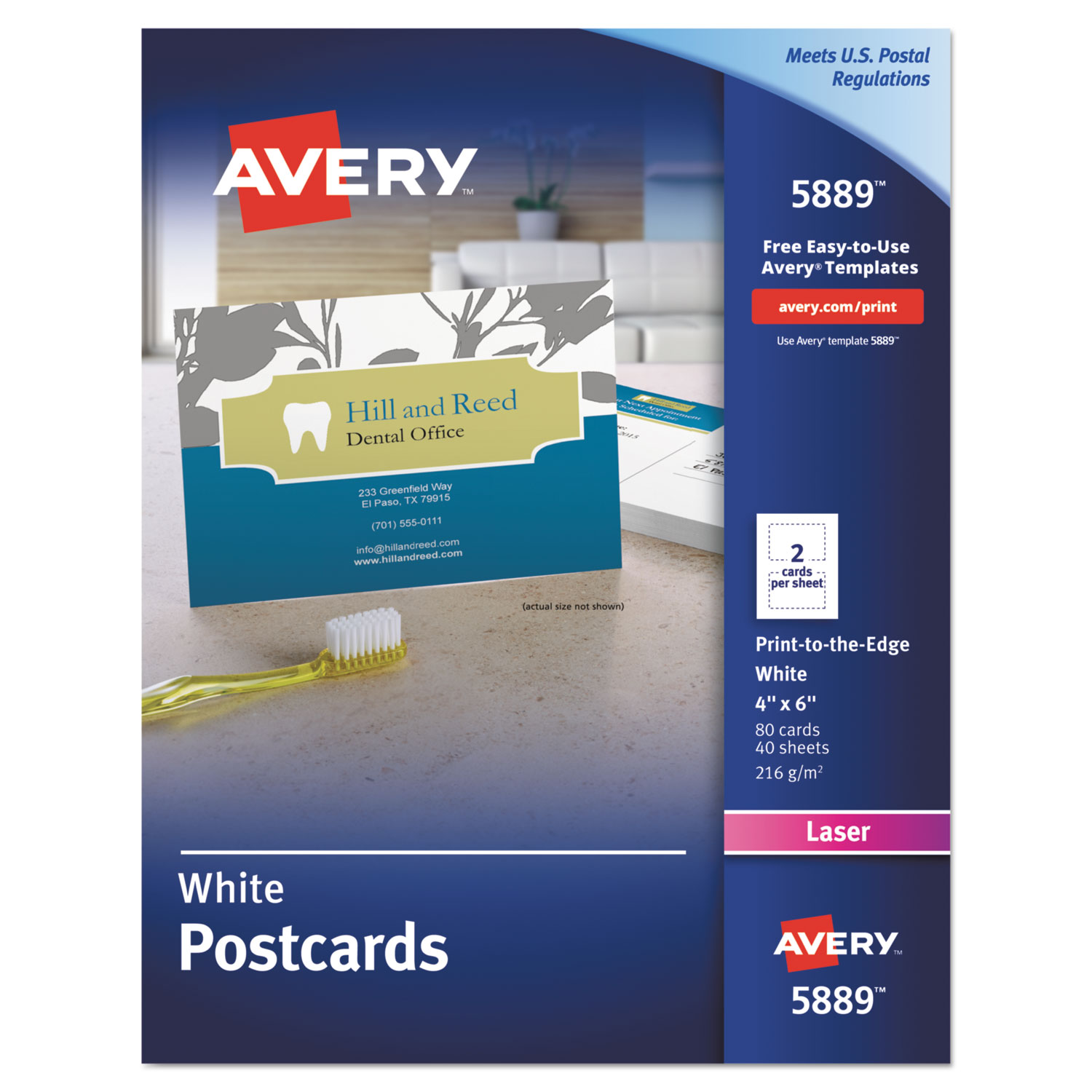 Postcards, Color Laser Printing, 4 x 6, Uncoated White, 2 Cards/Sheet, 80/Box