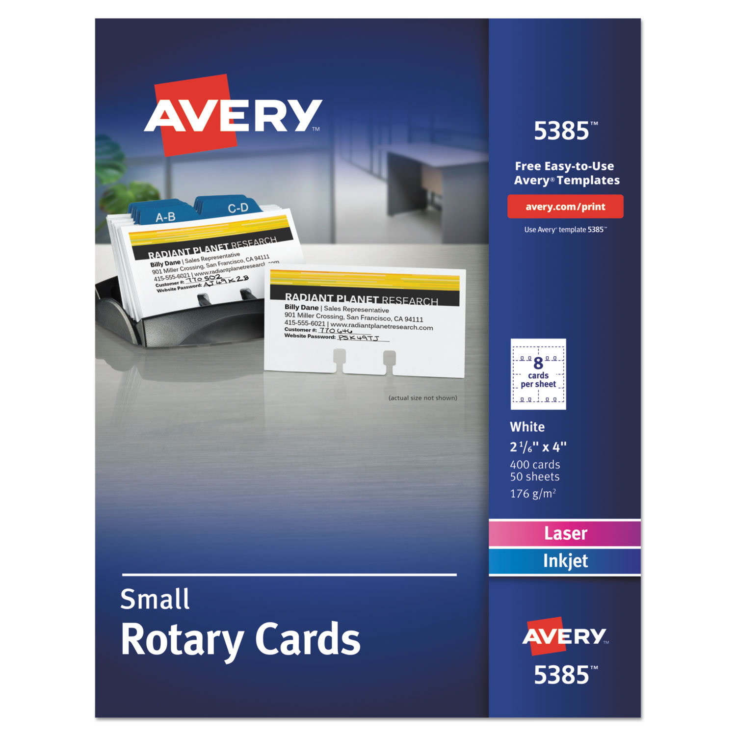  Avery 05385 Small Rotary Cards, Laser/Inkjet, 2 1/6 x 4, 8 Cards/Sheet, 400 Cards/Box (AVE5385) 