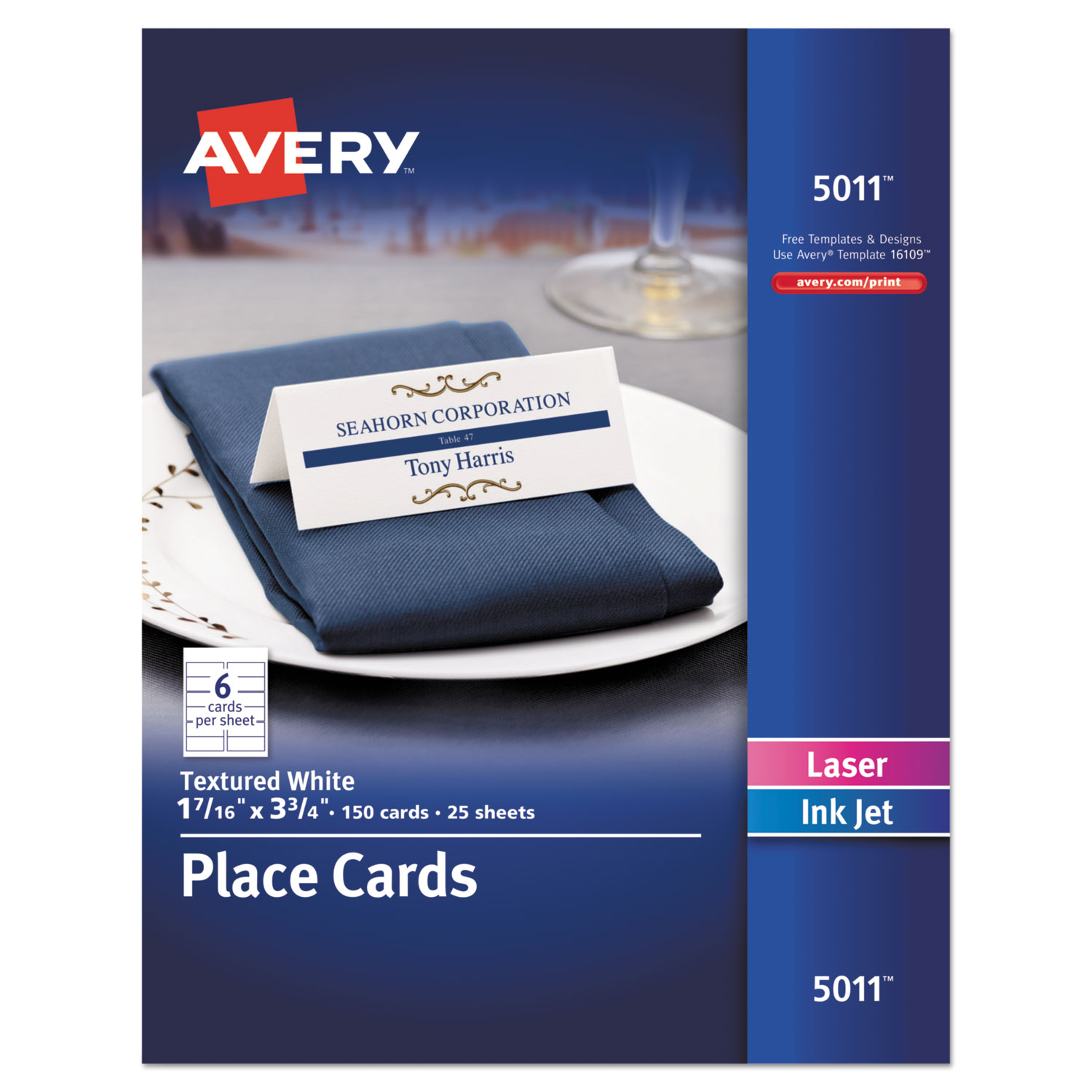  Avery 05011 Small Textured Tent Cards, White, 1 7/16 x 3 3/4, 6 Cards/Sheet, 150/Box (AVE5011) 