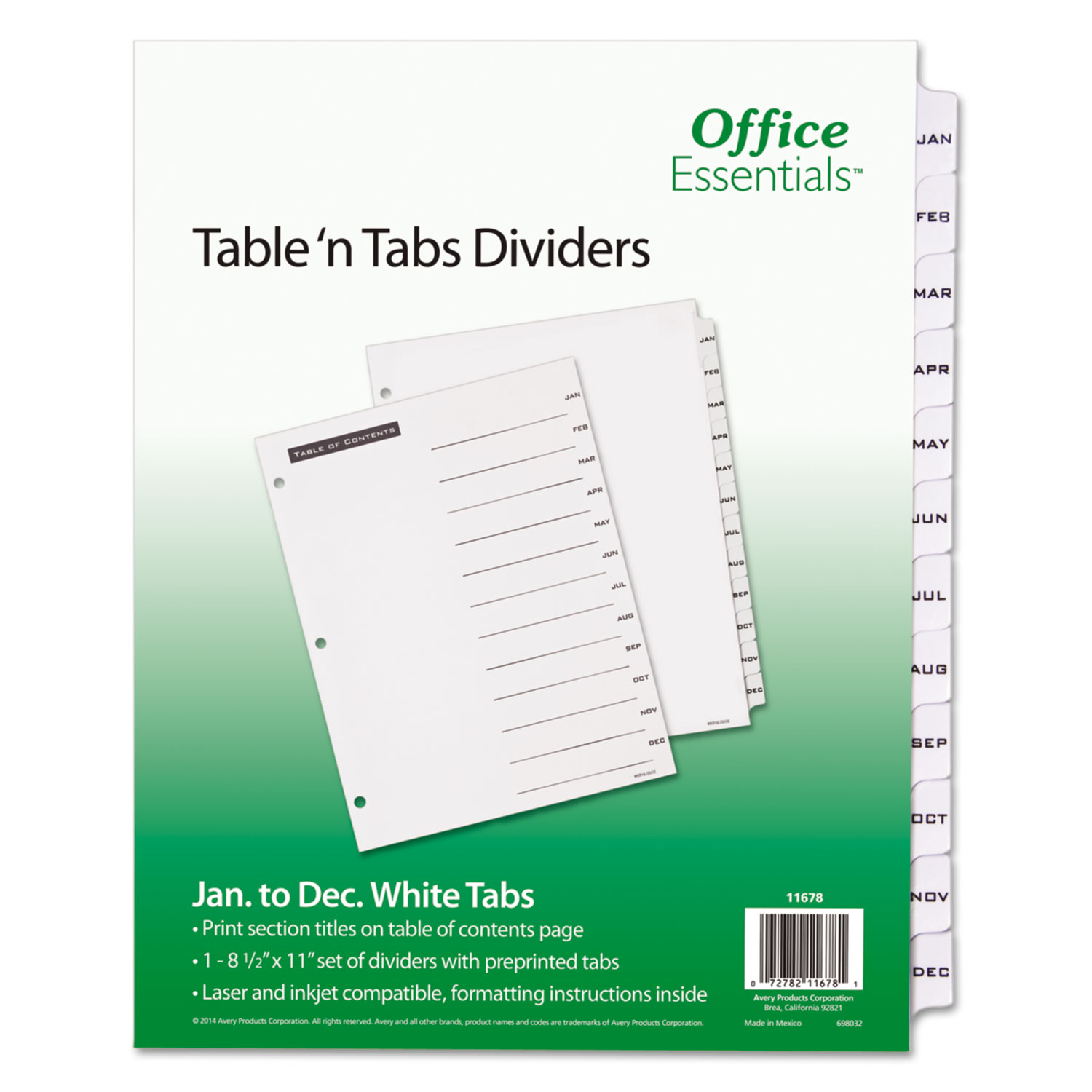  Office Essentials 11678 Table 'n Tabs Dividers, 12-Tab, Jan. to Dec., 11 x 8.5, White, 1 Set (AVE11678) 