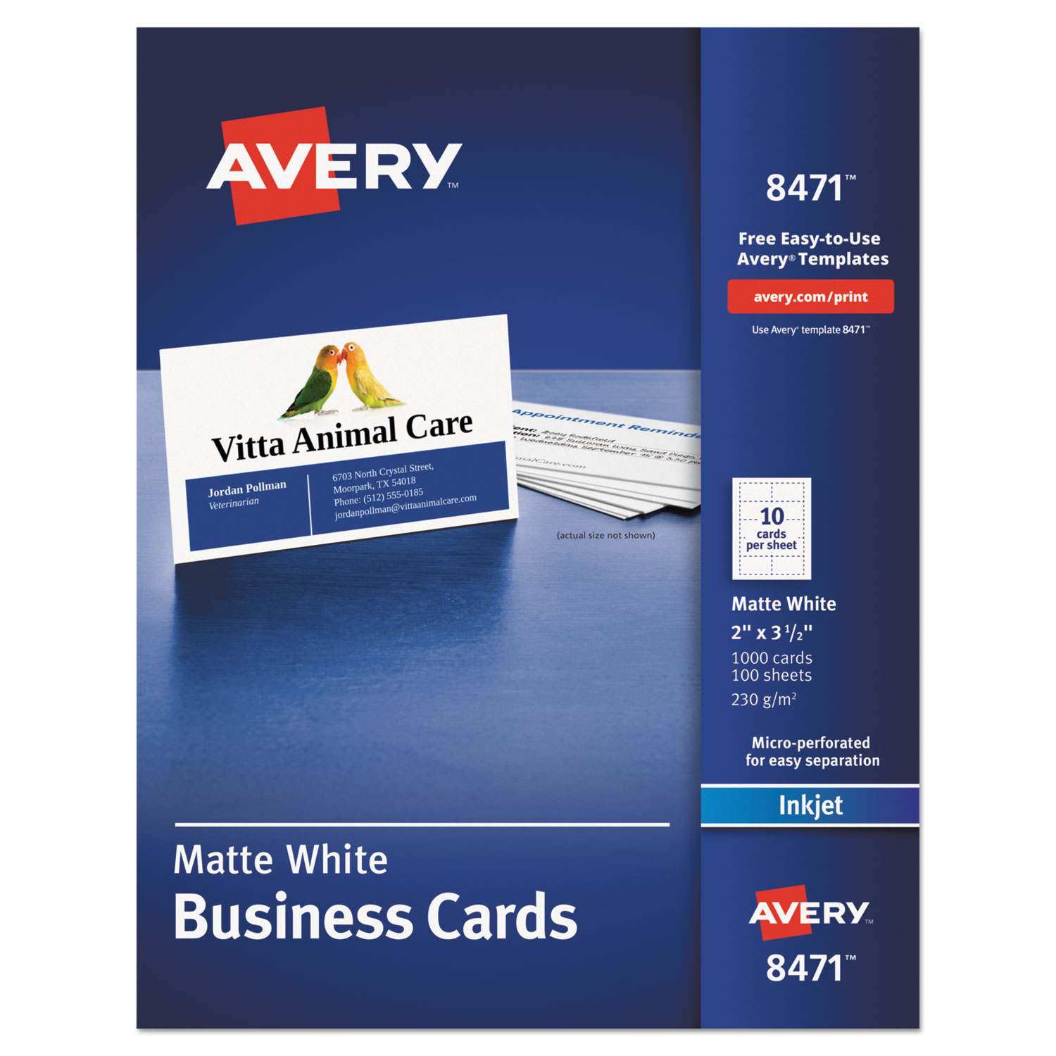  Avery 08471 Printable Microperf Business Cards, Inkjet, 2 x 3 1/2, White, Matte, 1000/Box (AVE8471) 