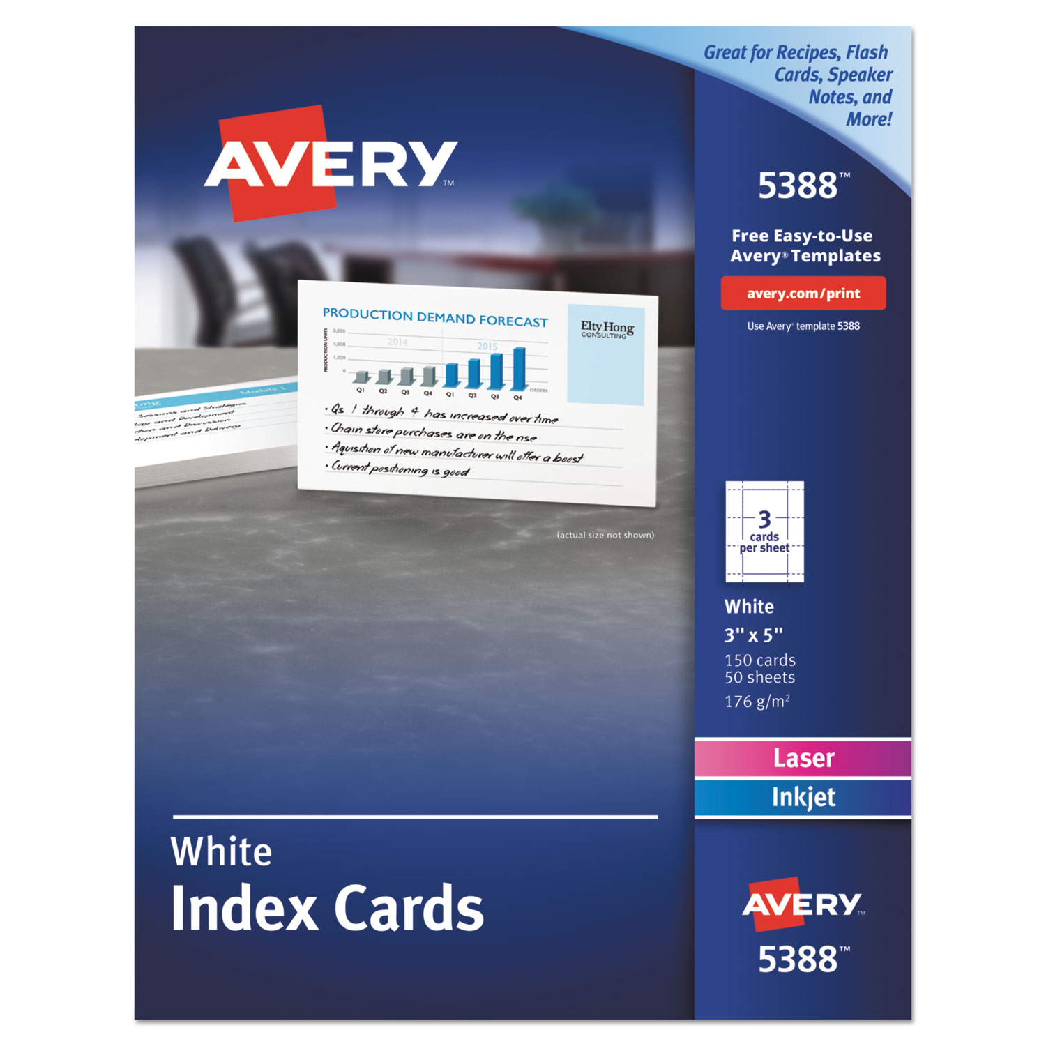  Avery 05388 Unruled Index Cards for Laser and Inkjet Printers, 3 x 5, White, 150/Box (AVE5388) 