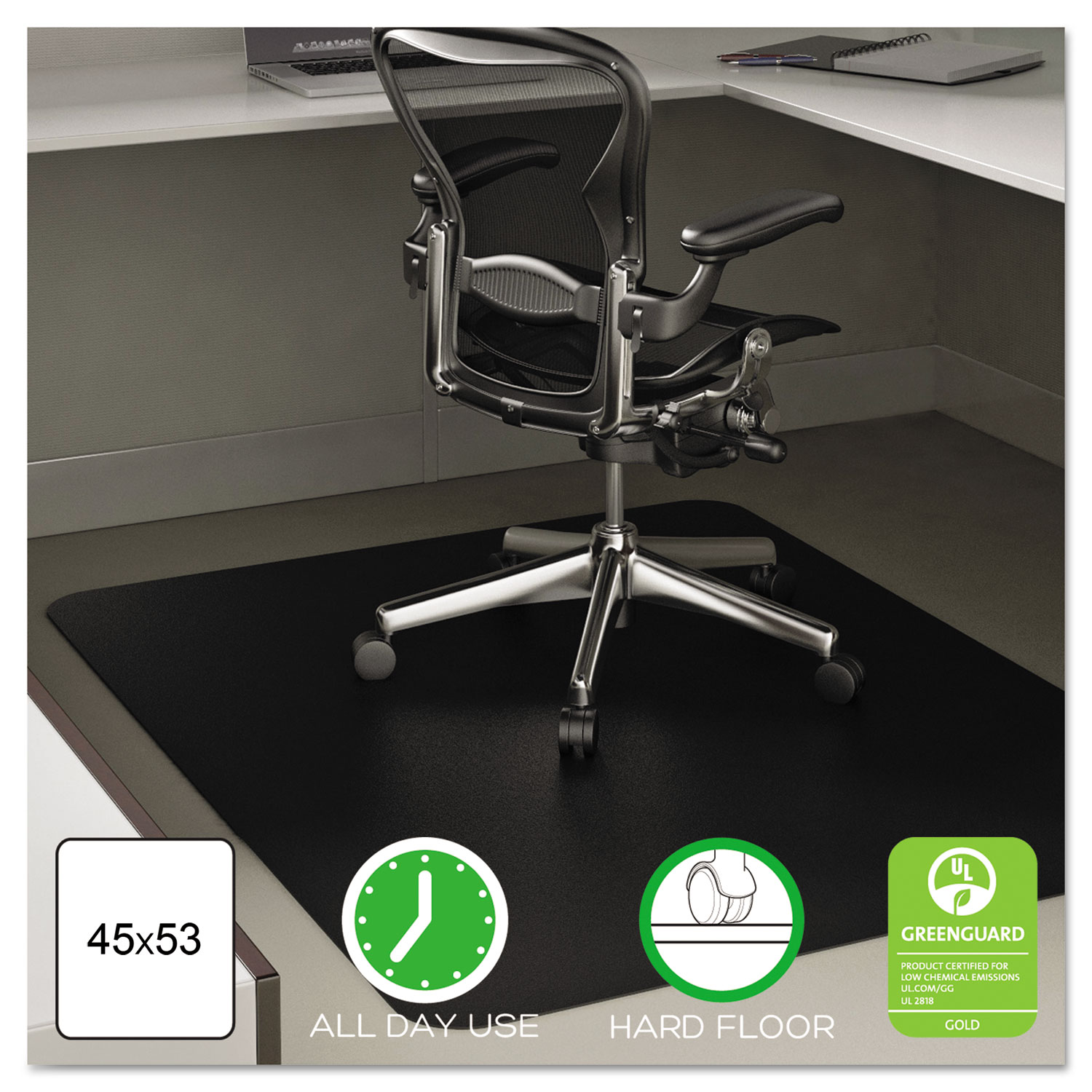  deflecto CM21242BLK EconoMat All Day Use Chair Mat for Hard Floors, 45 x 53, Rectangular, Black (DEFCM21242BLK) 