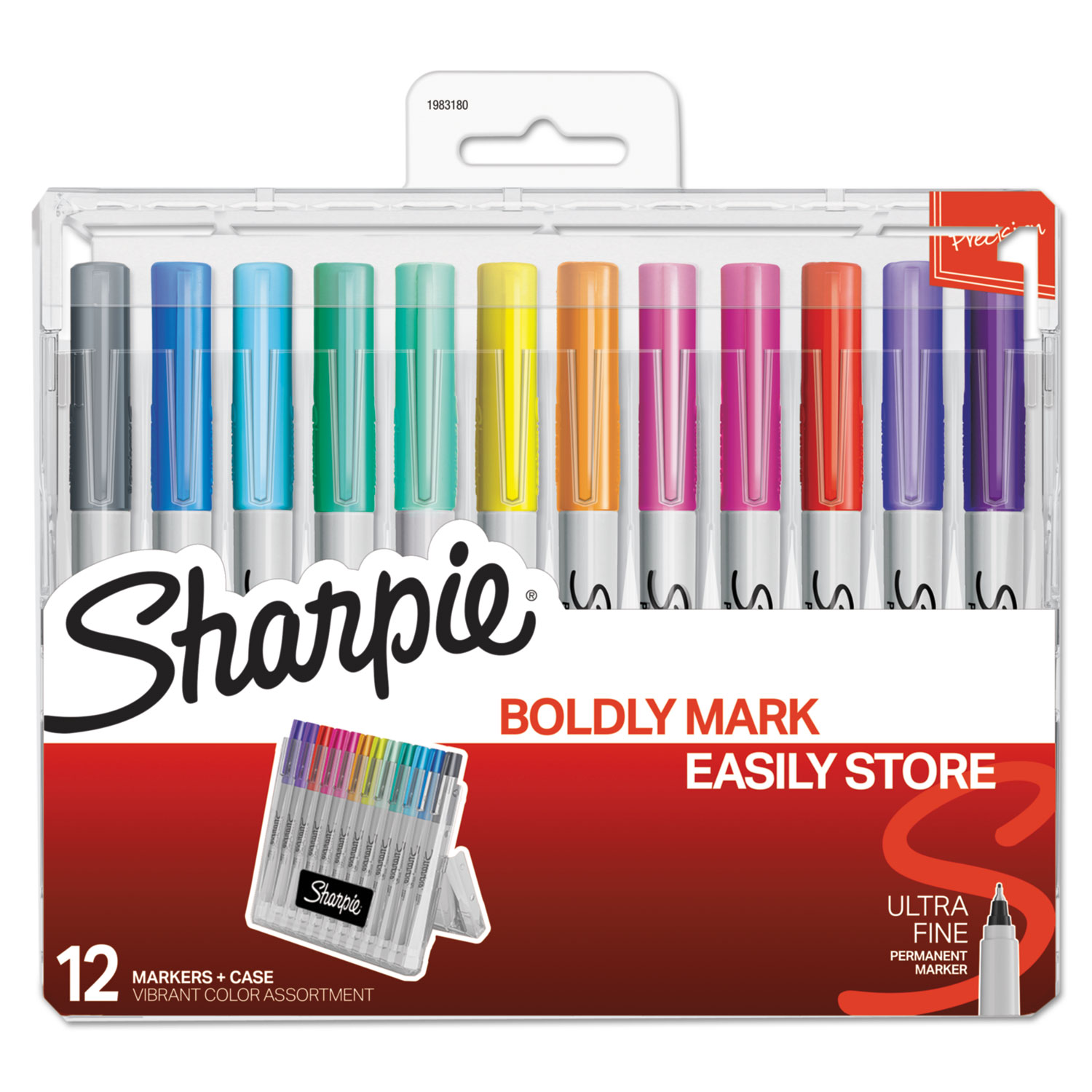  Sharpie 1983180 Permanent Markers w/Storage Case, Extra-Fine Needle Tip, Assorted Colors, Dozen (SAN1983180) 