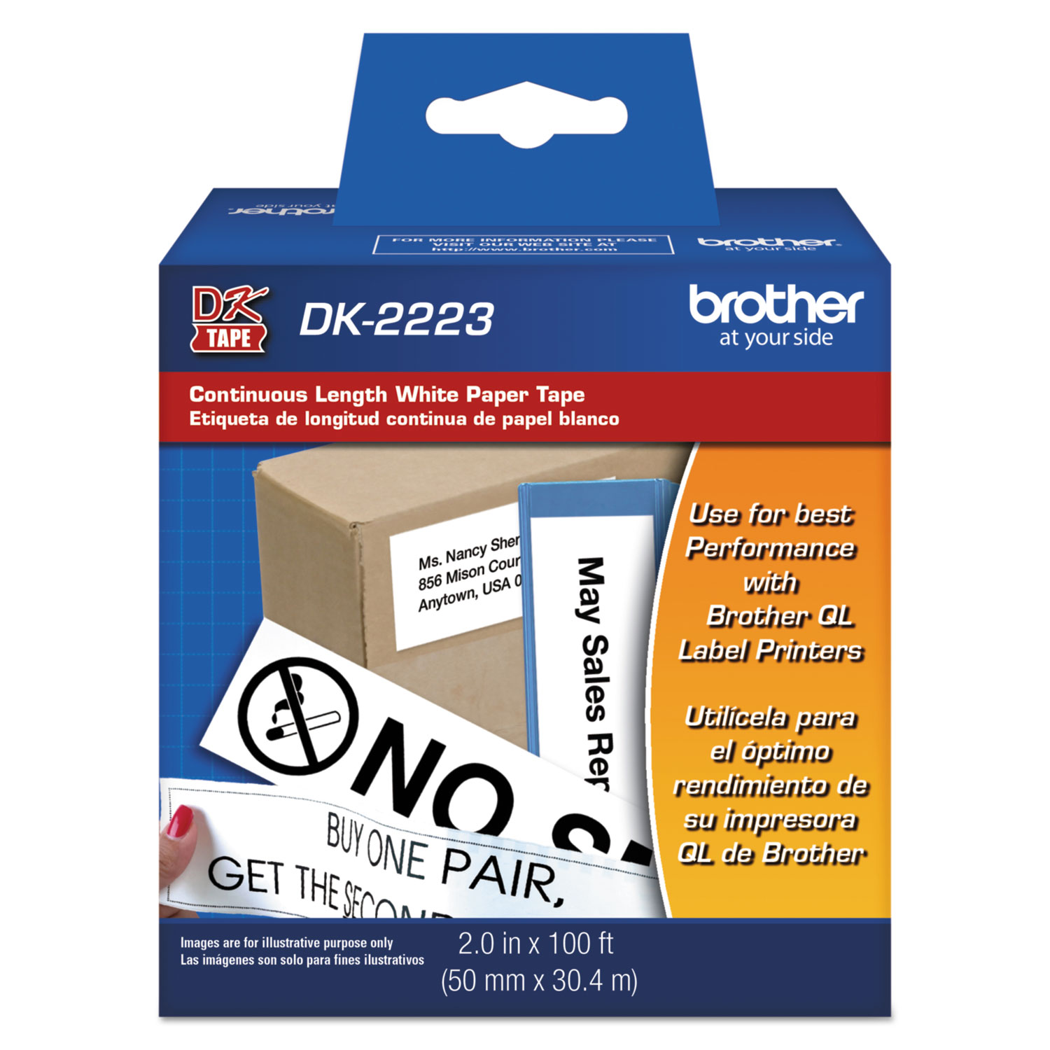 Brother DK2223 Continuous Paper Label Tape, 2 x 100 ft, Black/White (BRTDK2223) 