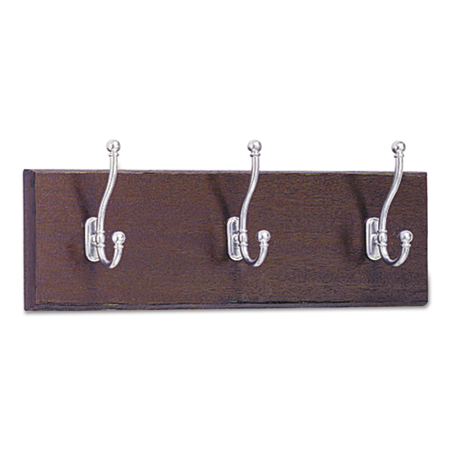 Wood Wall Rack, Three Double-Hooks, 18w x 3-1/4d x 6-3/4h, Mahogany