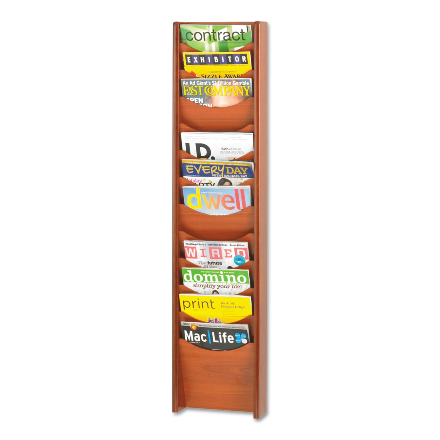  Safco 4331CY Solid Wood Wall-Mount Literature Display Rack, 11.25w x 3.75d x 48.75h, Cherry (SAF4331CY) 