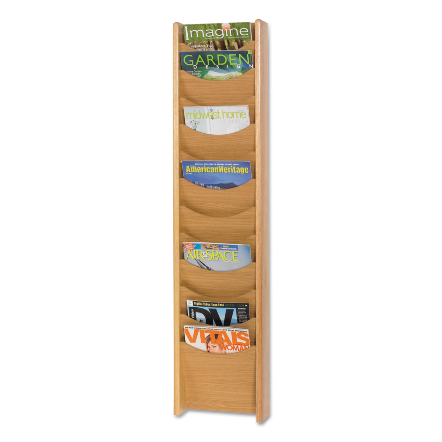  Safco 4331MO Solid Wood Wall-Mount Literature Display Rack, 11.25w x 3.75d x 48.75h, Medium Oak (SAF4331MO) 