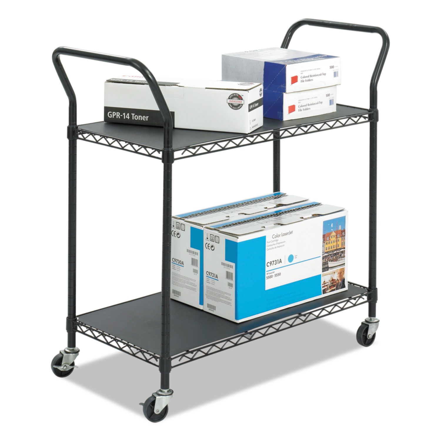 Wire Utility Cart, Metal, 2 Shelves, 400 lb Capacity, 43.75 x 19.25 x  40.5, Black - mastersupplyonline