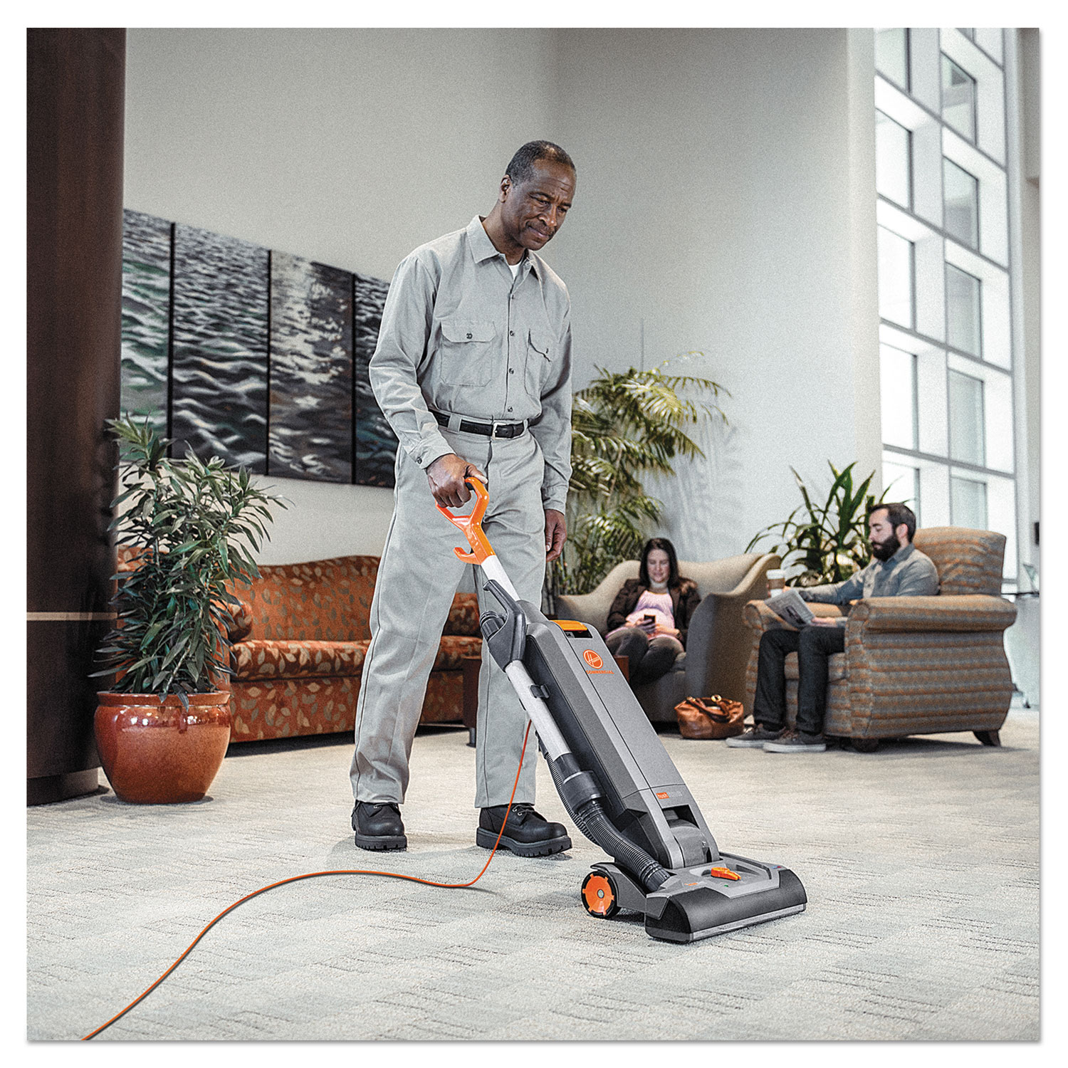 Hoover® Commercial HushTone Vacuum Cleaner with Intellibelt, 15" Cleaning Path, Gray/Orange