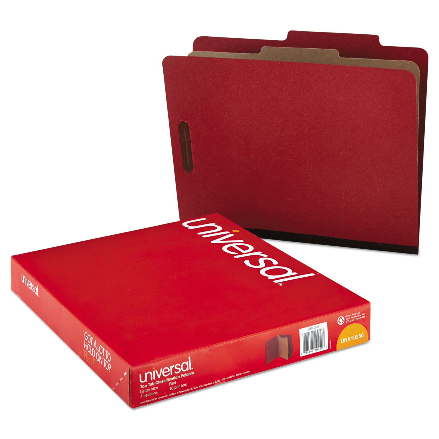  Universal UNV10250 Four-Section Pressboard Classification Folders, 1 Divider, Letter Size, Red, 10/Box (UNV10250) 
