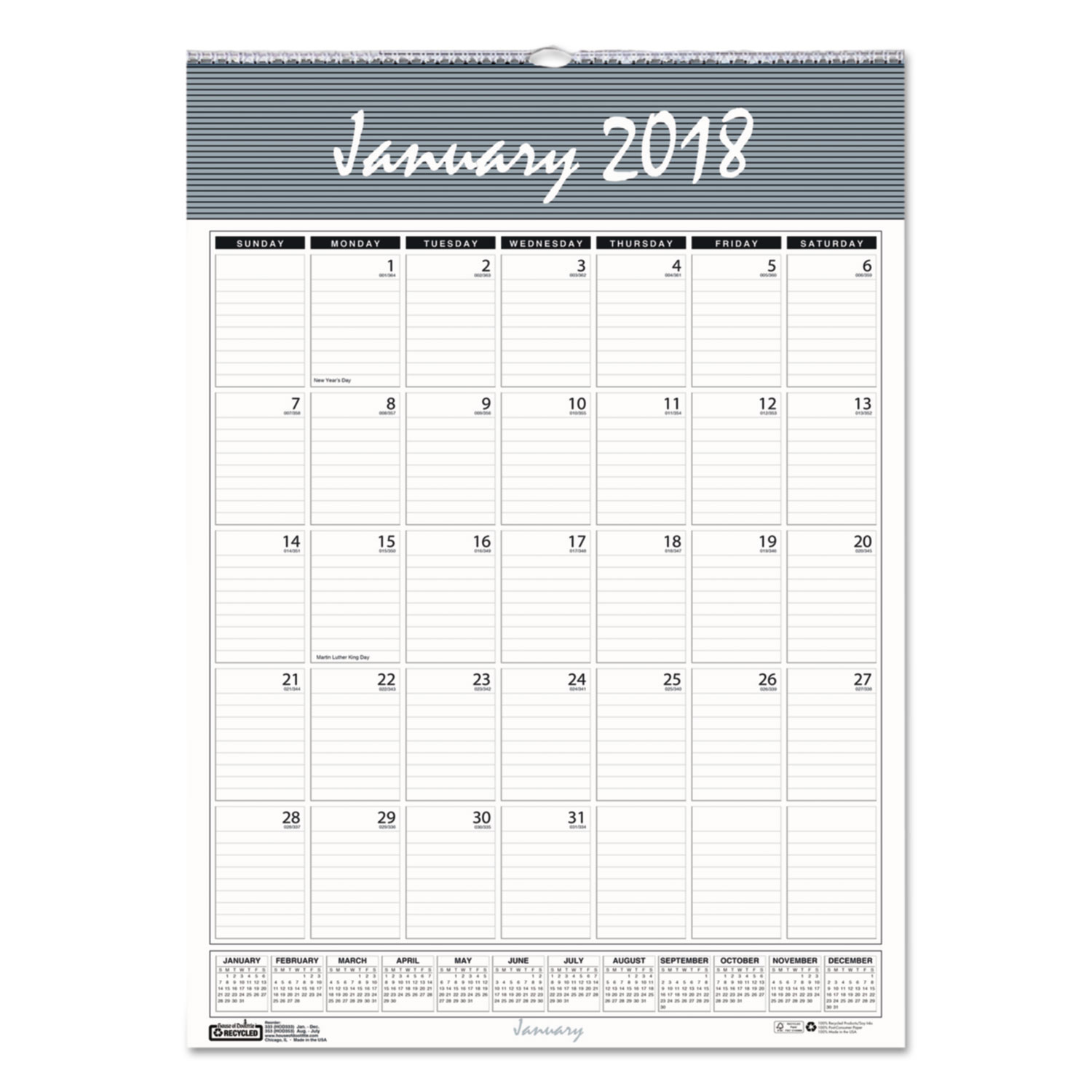 Recycled Bar Harbor Wirebound Monthly Wall Calendar, 8 1/2 x 11, 2018