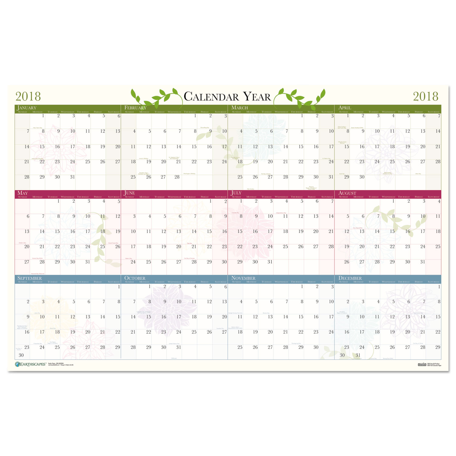 Recycled Floral Reversible/Erasable Wall Calendar, 24 x 37, 2018