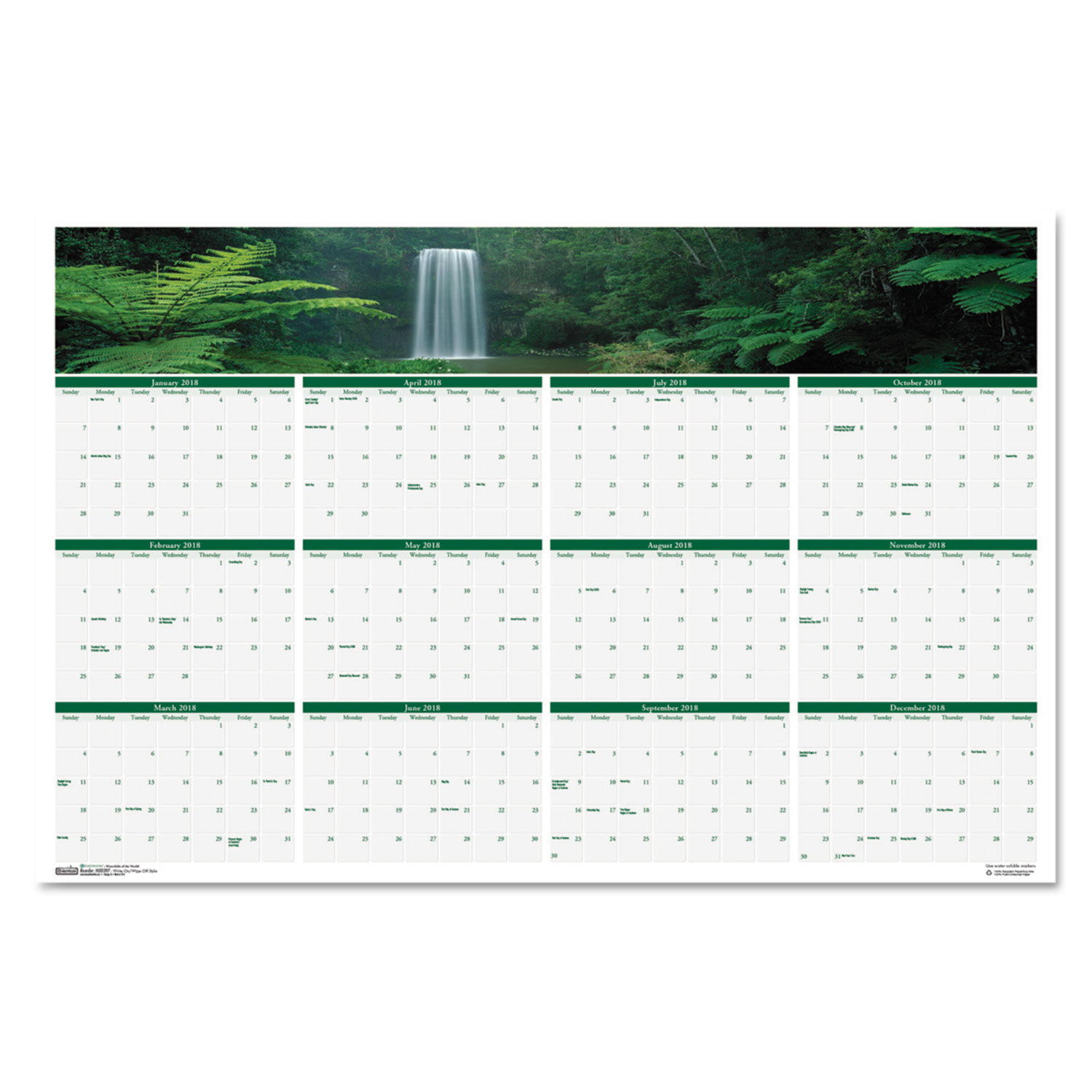 Recycled Waterfalls of the World Reverse/Erase Yearly Wall Calendar, 24x37, 2018