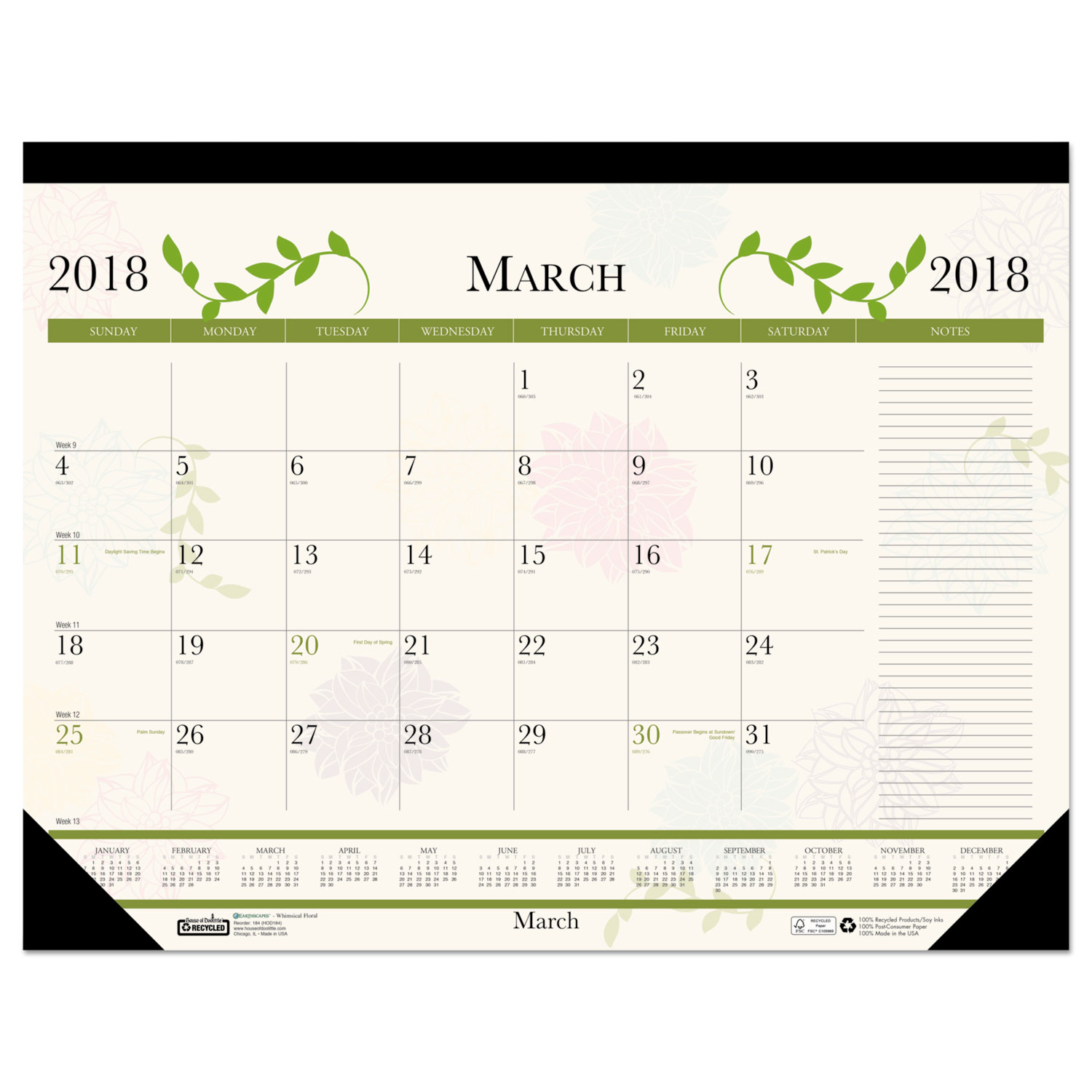 Recycled Floral Desk Pad Calendar, 18 1/2 x 13, 2018