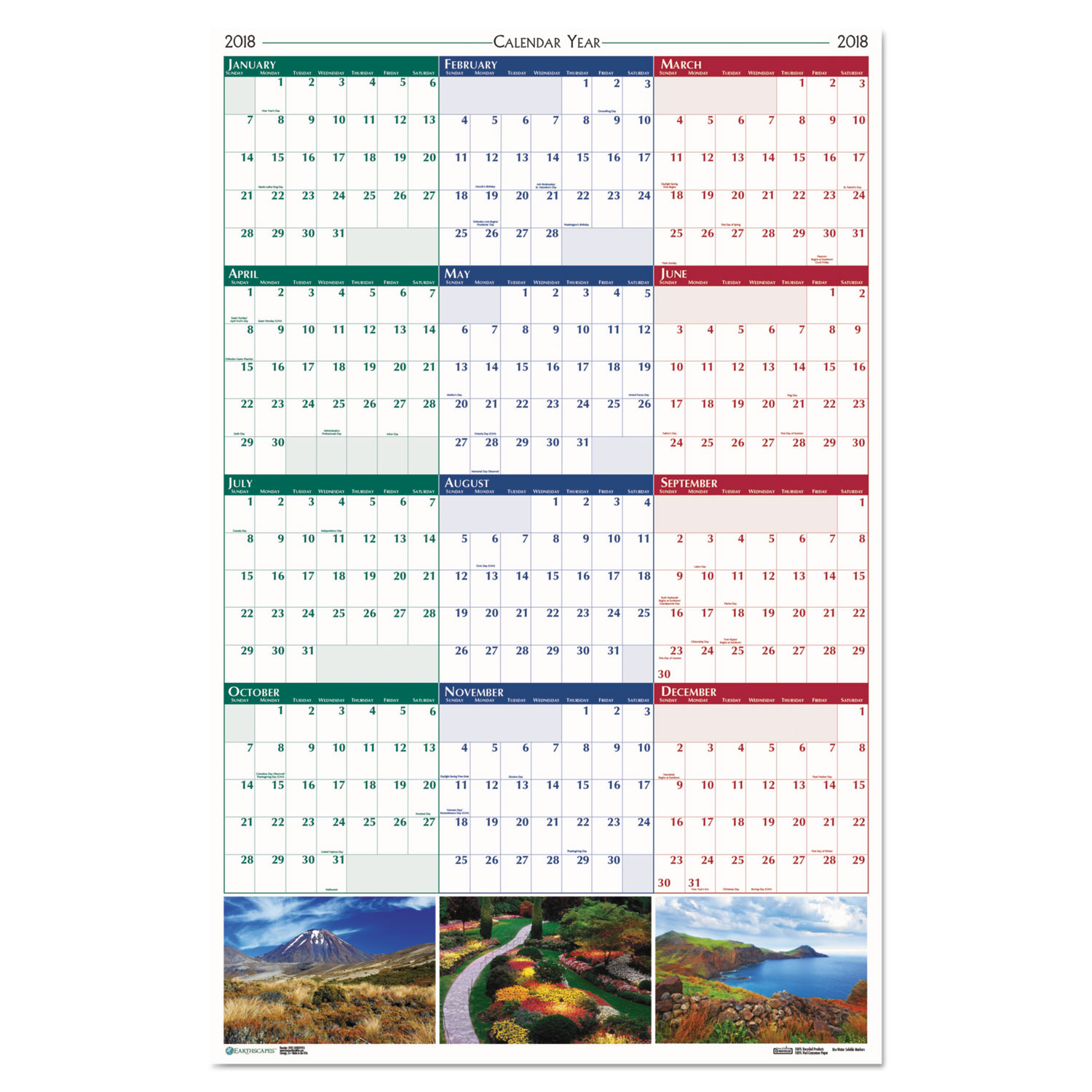 Recycled Earthscapes Nature Scene Reversible Yearly Wall Calendar, 18 x 24, 2018