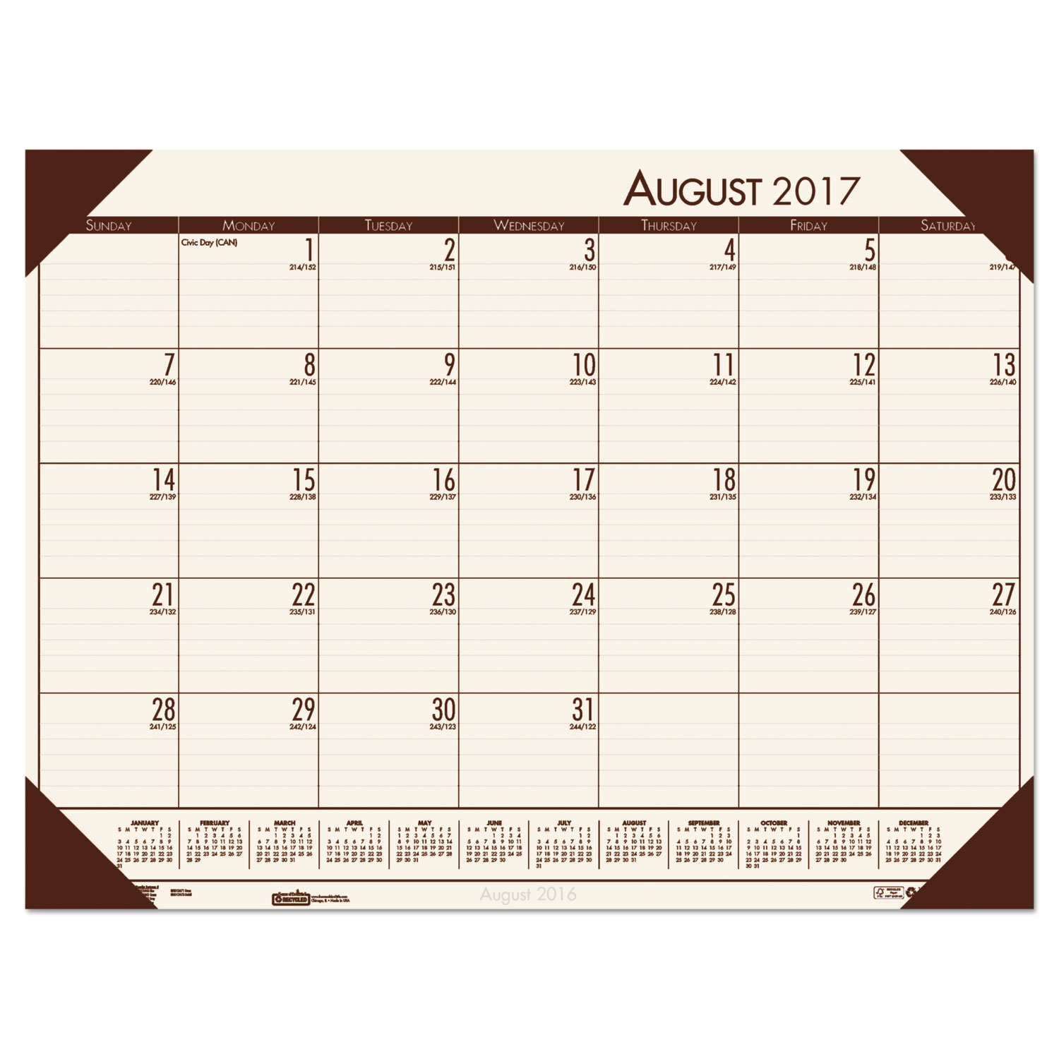 Recycled EcoTones Academic Desk Pad Calendar, 18.5x13, Brown Corners, 2017-2018