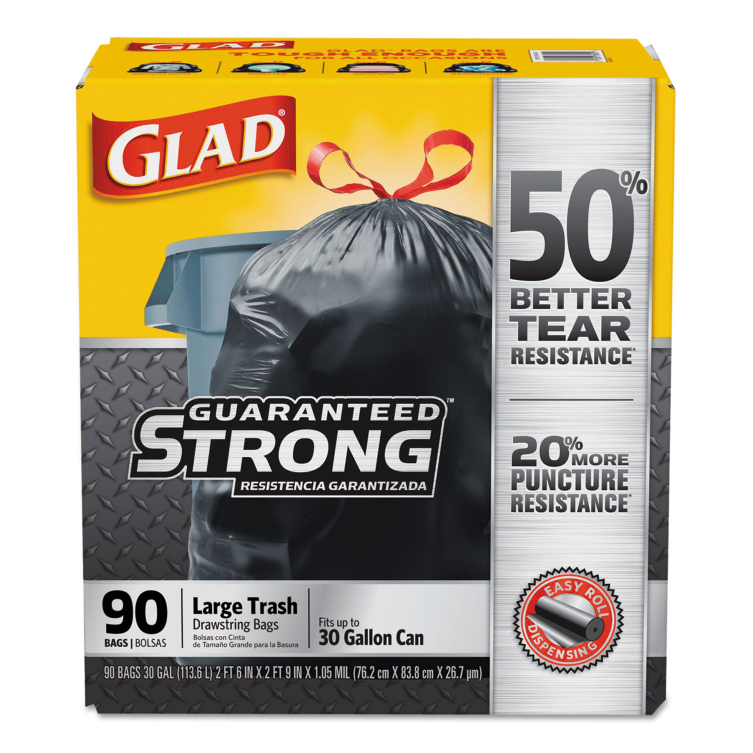  Glad 78952 Drawstring Large Trash Bags, 30 gal, 1.05 mil, 30 x 33, Black, 90/Carton (CLO78952) 