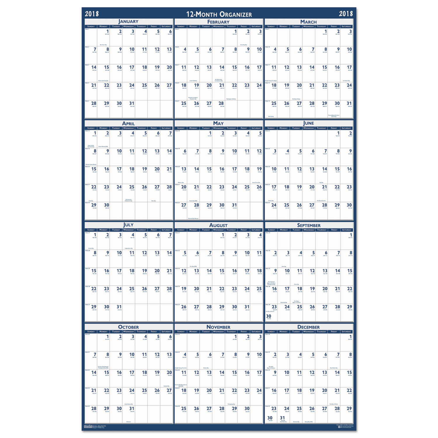 Recycled Poster Style Reversible/Erasable Yearly Wall Calendar, 24 x 37, 2018