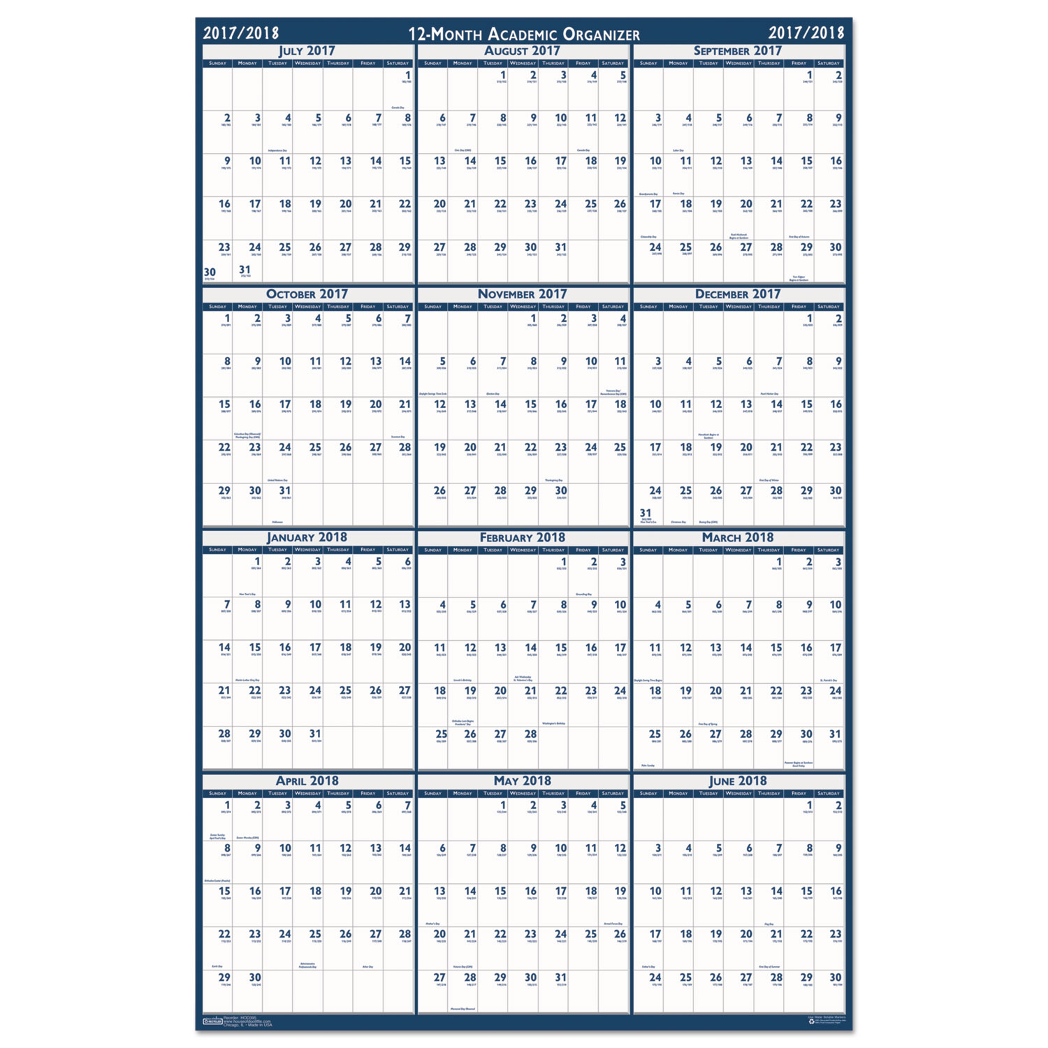 Recycled Poster Style Reversible Academic Yearly Calendar, 24 x 37, 2017-2018
