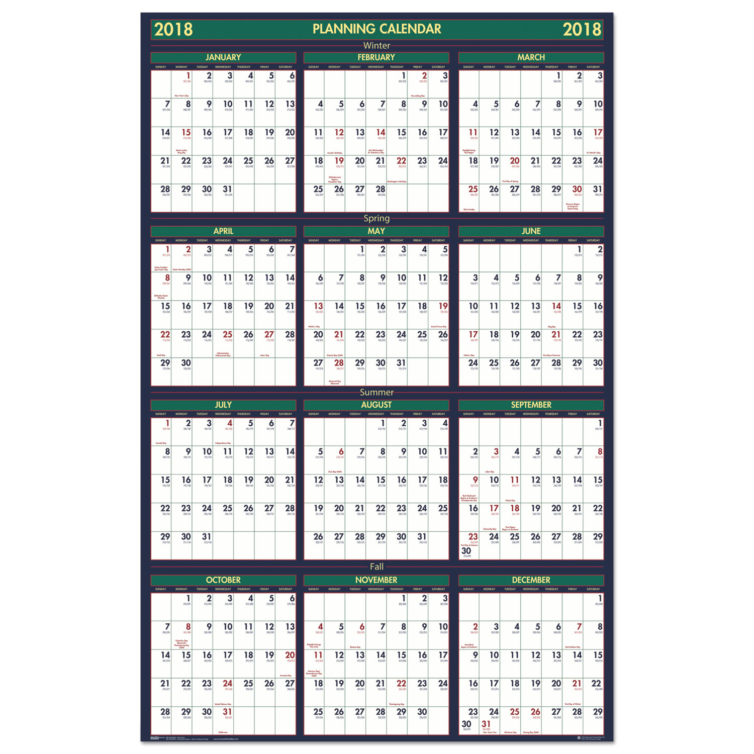 Recycled 4 Seasons Reversible Business/Academic Calendar, 24 x 37, 2017-2018