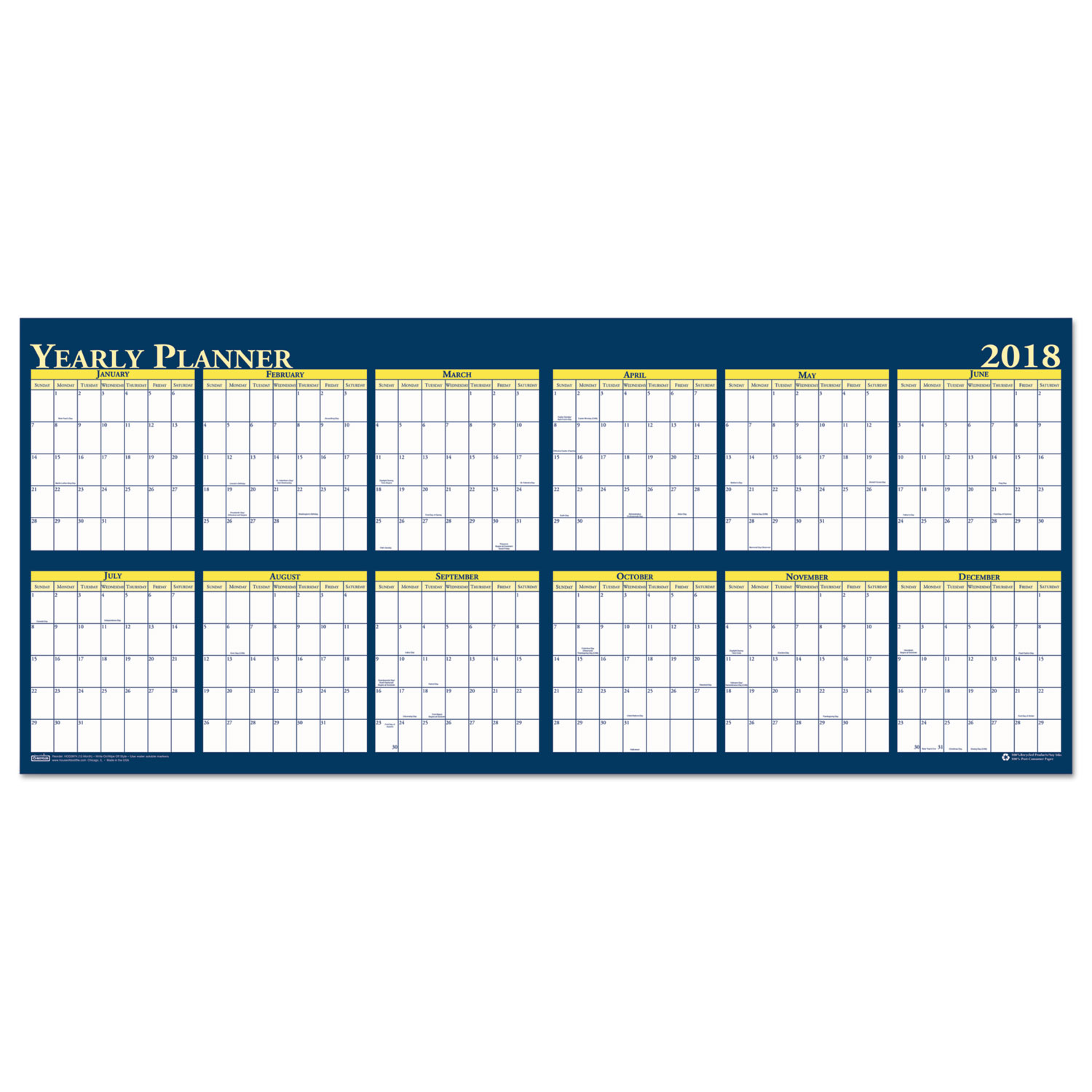 Recycled Reversible Yearly Wall Planner, 60 x 26, 2018