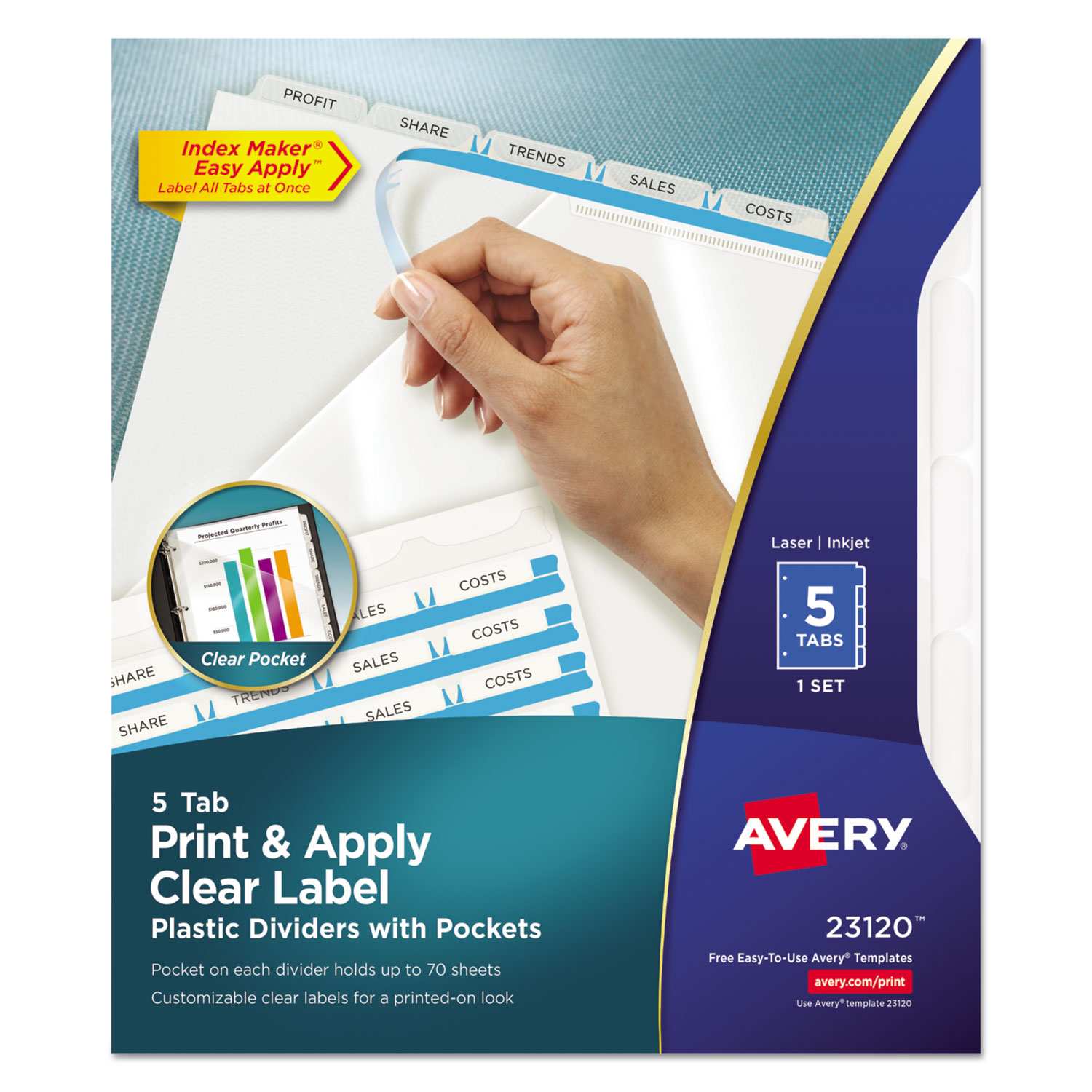  Avery 23120 Print/Apply 1-Pocket Index Maker Clear Label Plastic Dividers with Printable Label Strip, 5-Tab, 11 x 8.5, Translucent, 1 Set (AVE23120) 