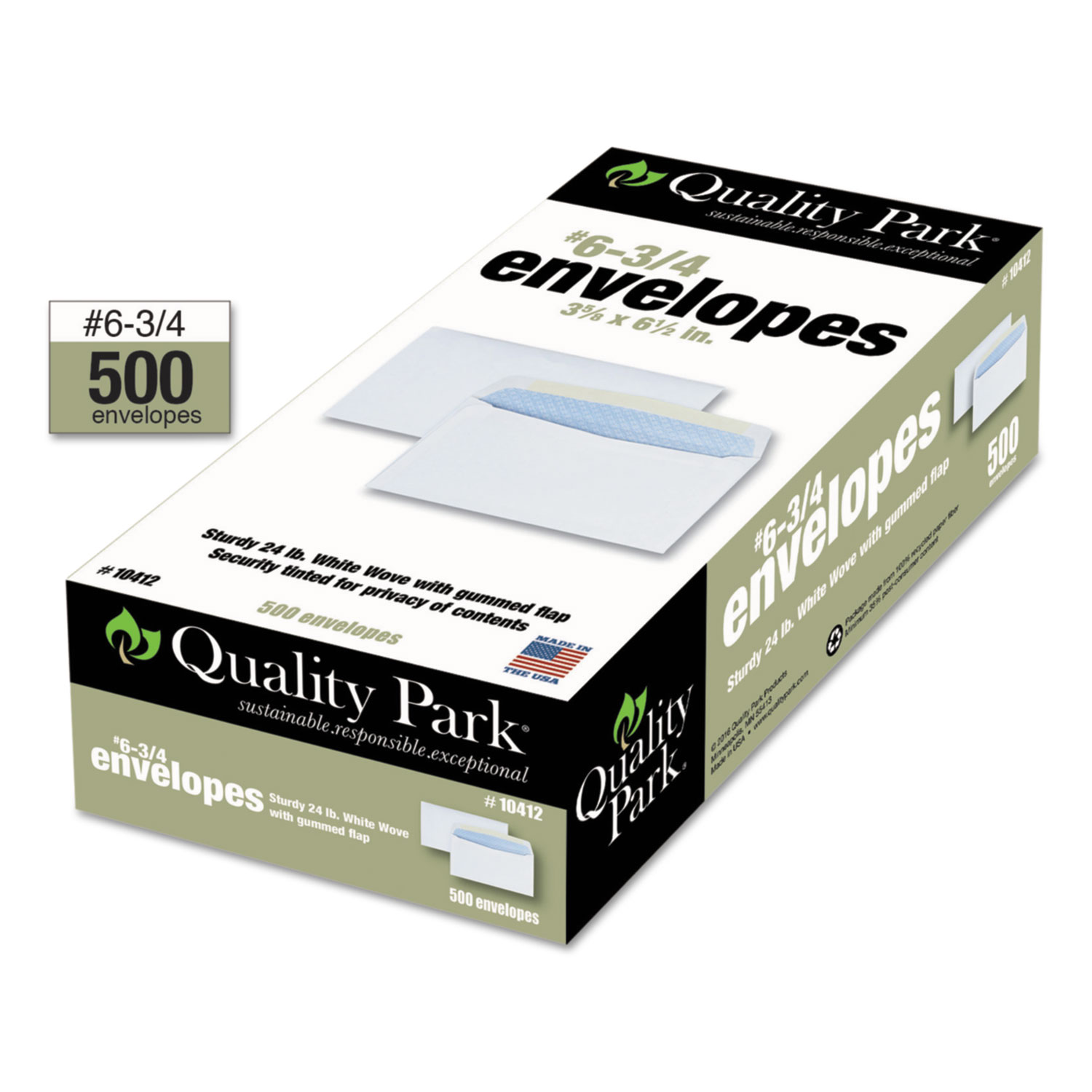  Quality Park QUA10412 Business Envelope, #6 3/4, Commercial Flap, Gummed Closure, 3.63 x 6.5, White, 500/Box (QUA10412) 