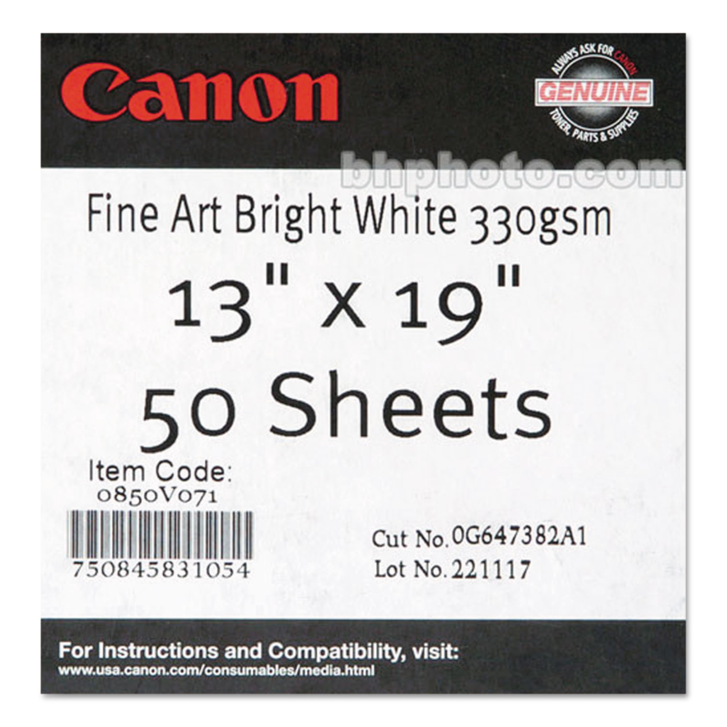 Fine Art Bright White Paper, 330 gsm, 13 x 19, 50 Sheets/Box