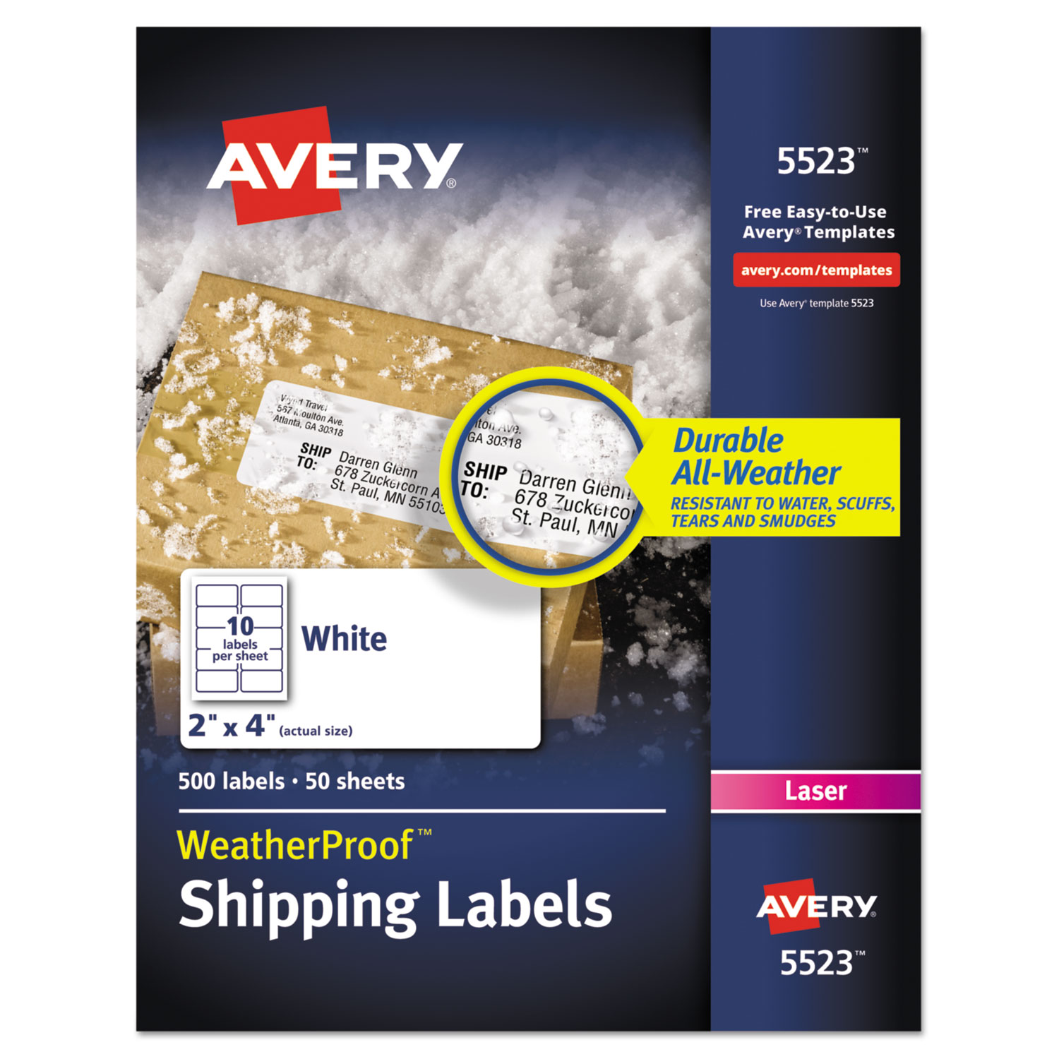  Avery 05523 WeatherProof Durable Mailing Labels w/ TrueBlock Technology, Laser Printers, 2 x 4, White, 10/Sheet, 50 Sheets/Pack (AVE5523) 